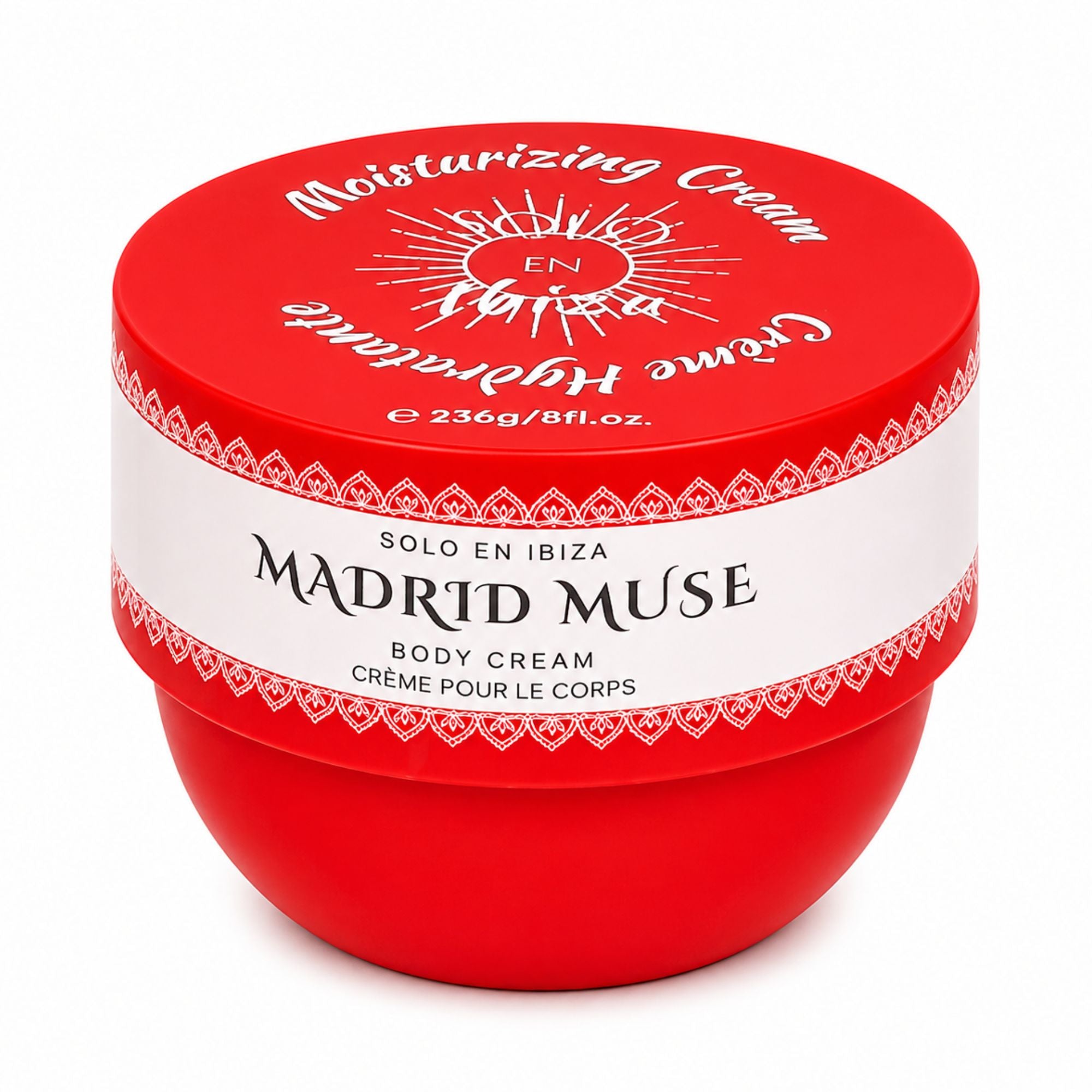 A red round jar of Madrid Muse Solo En Ibiza Moisturizing Cream with a white label, photographed on a clean white background.