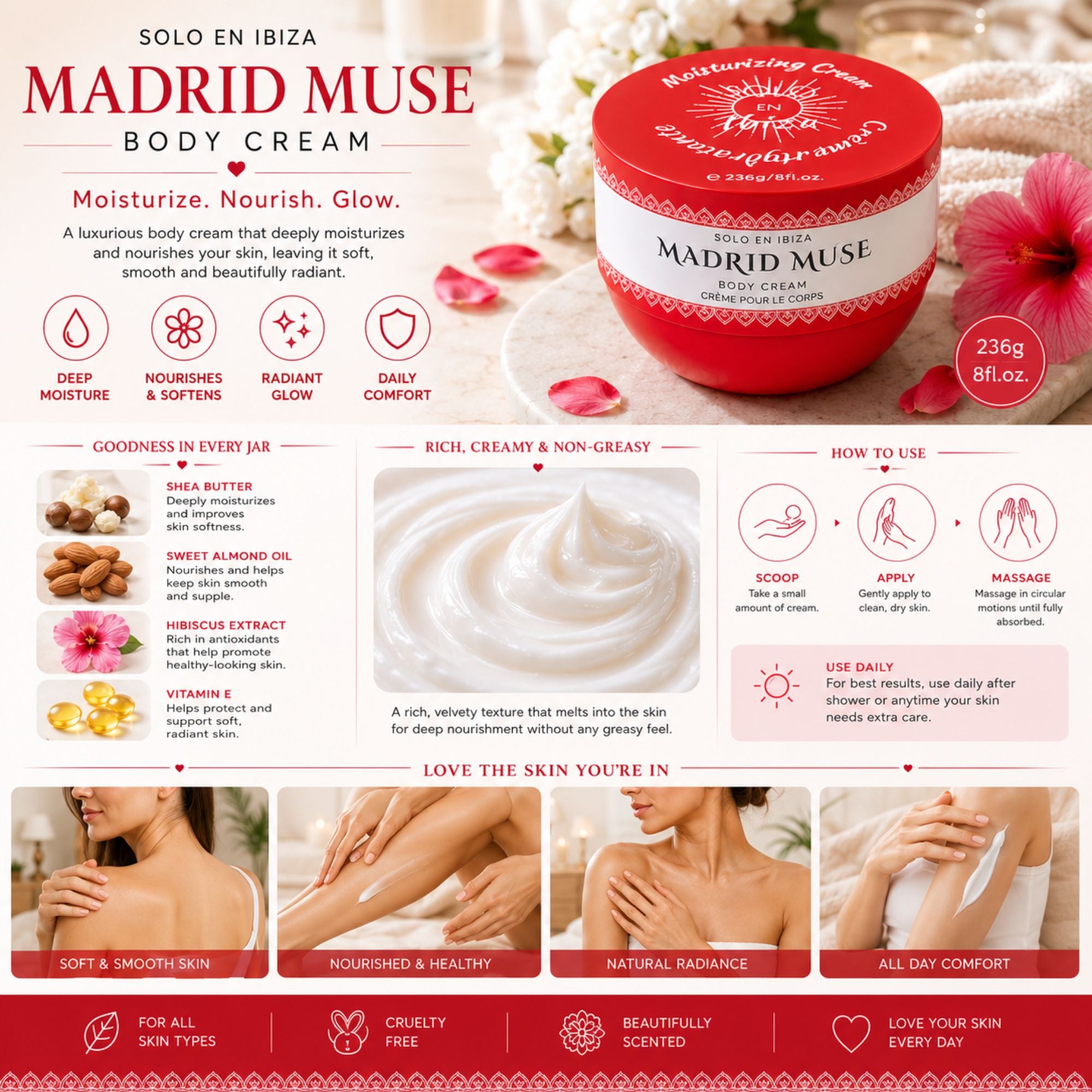 Madrid Muse Body Cream jar shown on a styled cream-colored background with promotional text, icons, ingredient highlights, usage steps, and before/after skin massage photos. The product itself is a white jar with red and gold labeling.