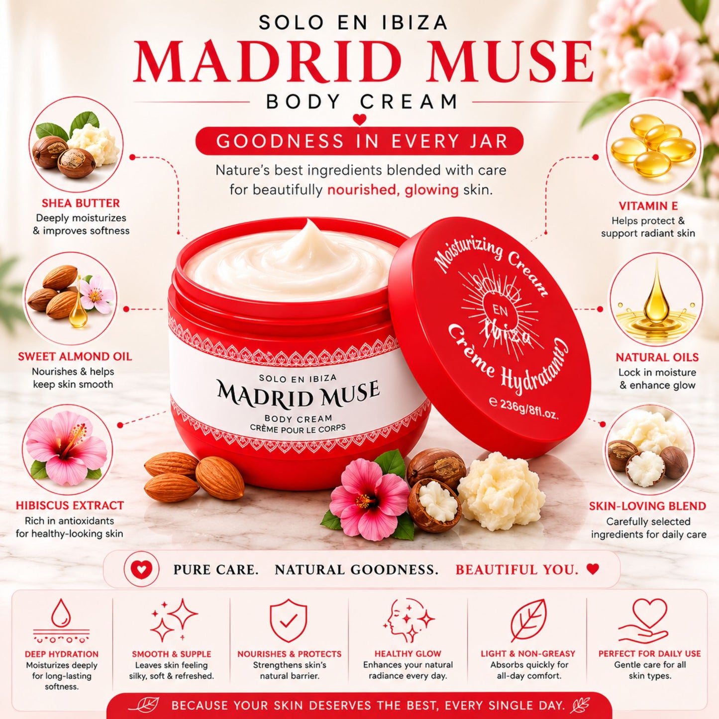 A promotional product graphic for Solo En Ibiza Madrid Muse Body Cream. The jar of cream is centered on a white background with decorative almonds and cream, surrounded by callout circles highlighting ingredients such as shea butter, vitamin E, natural oils, and hibiscus extract.