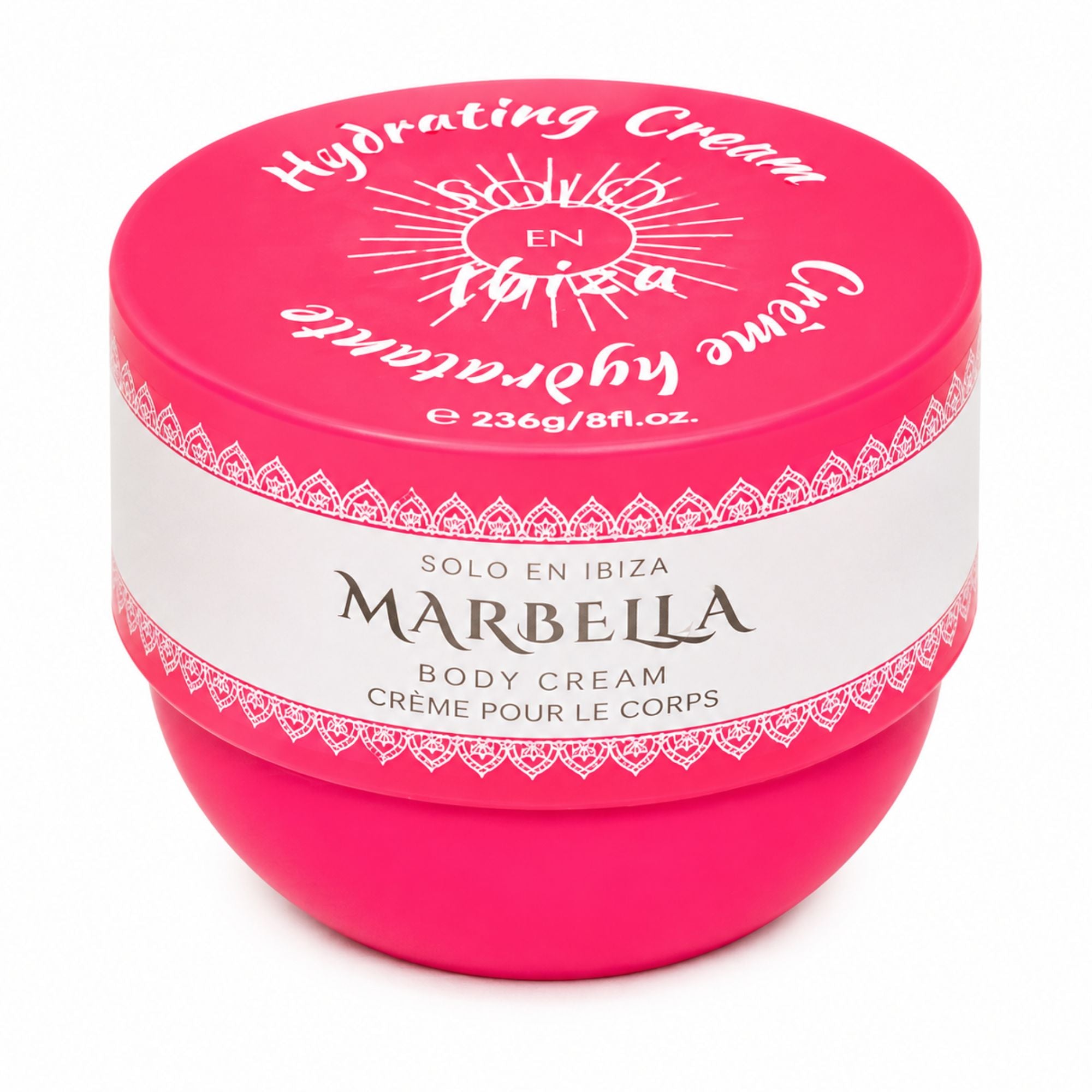 A round pink jar of Solo en Ibiza Marbeila Hydrating Cream with a white label band, photographed on a clean white background.