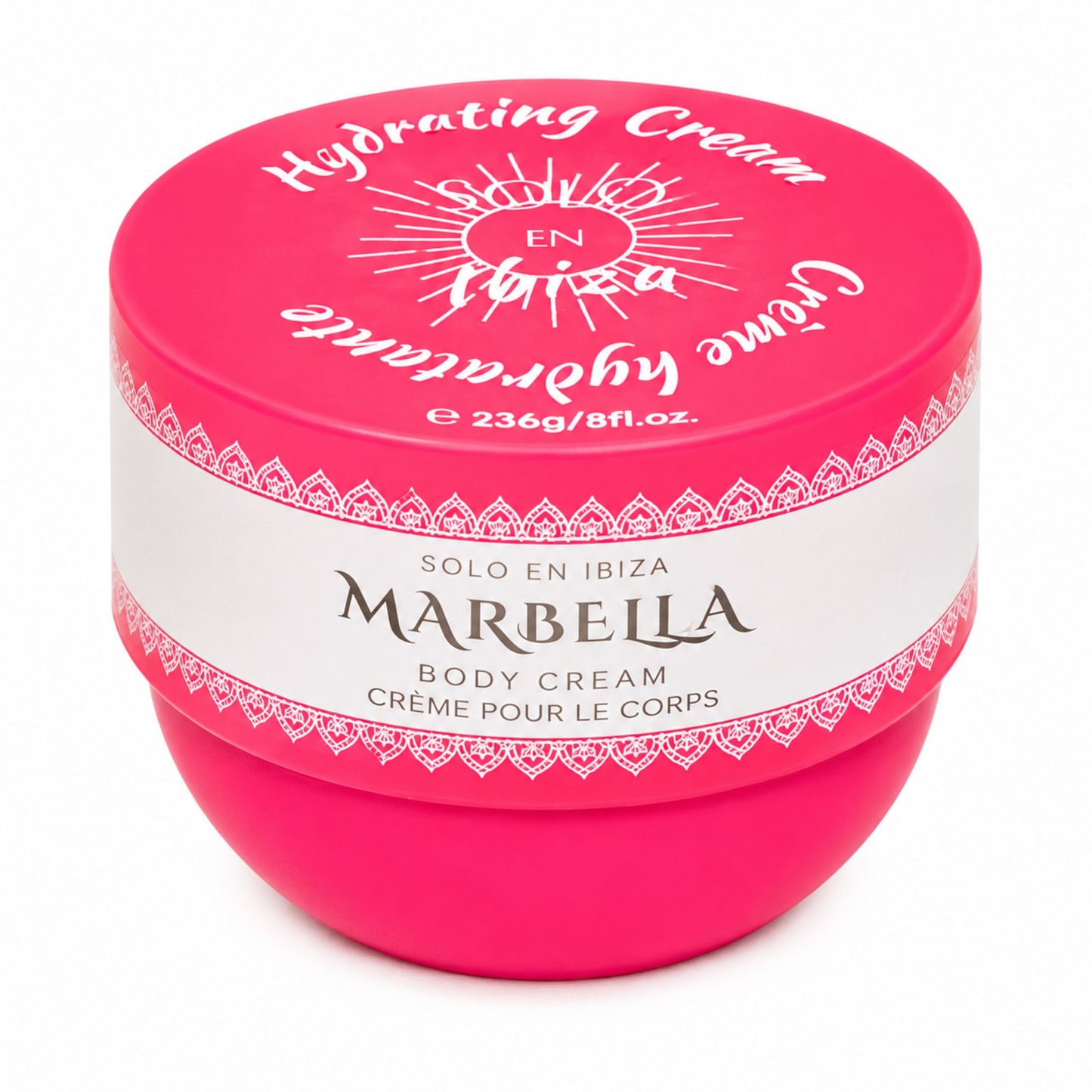 A round pink jar of Solo en Ibiza Marbeila Hydrating Cream with a white label band, photographed on a clean white background.