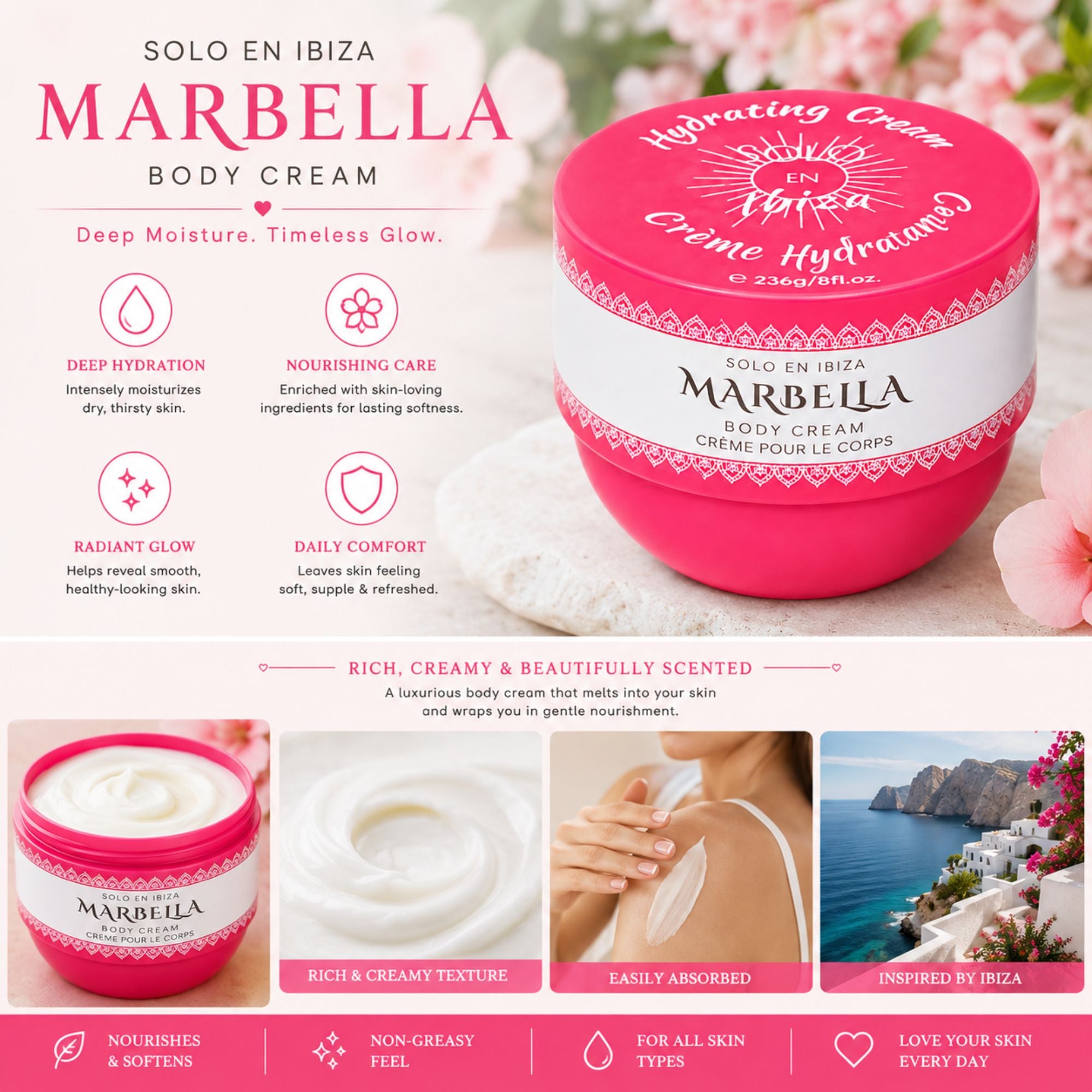 A promotional graphic for Solo En Ibiza Marbella Body Cream, featuring a large pink jar on the right and several smaller product and benefit panels on the left and bottom. The design uses pink, white, and soft peach tones with text highlighting deep moisture, nourishing care, radiant glow, and rich creamy texture.