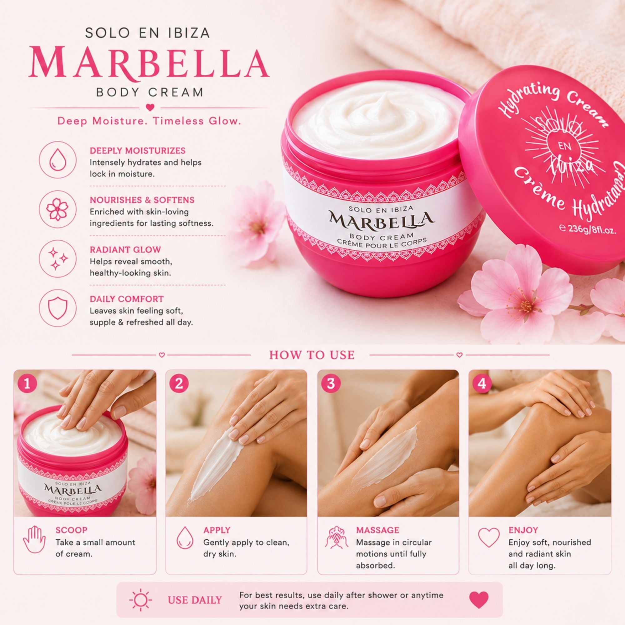A promotional graphic for Solo en Ibiza Marbella Body Cream, showing the pink jar, open lid, product texture, usage steps, and descriptive text on a soft pink background with a flower.