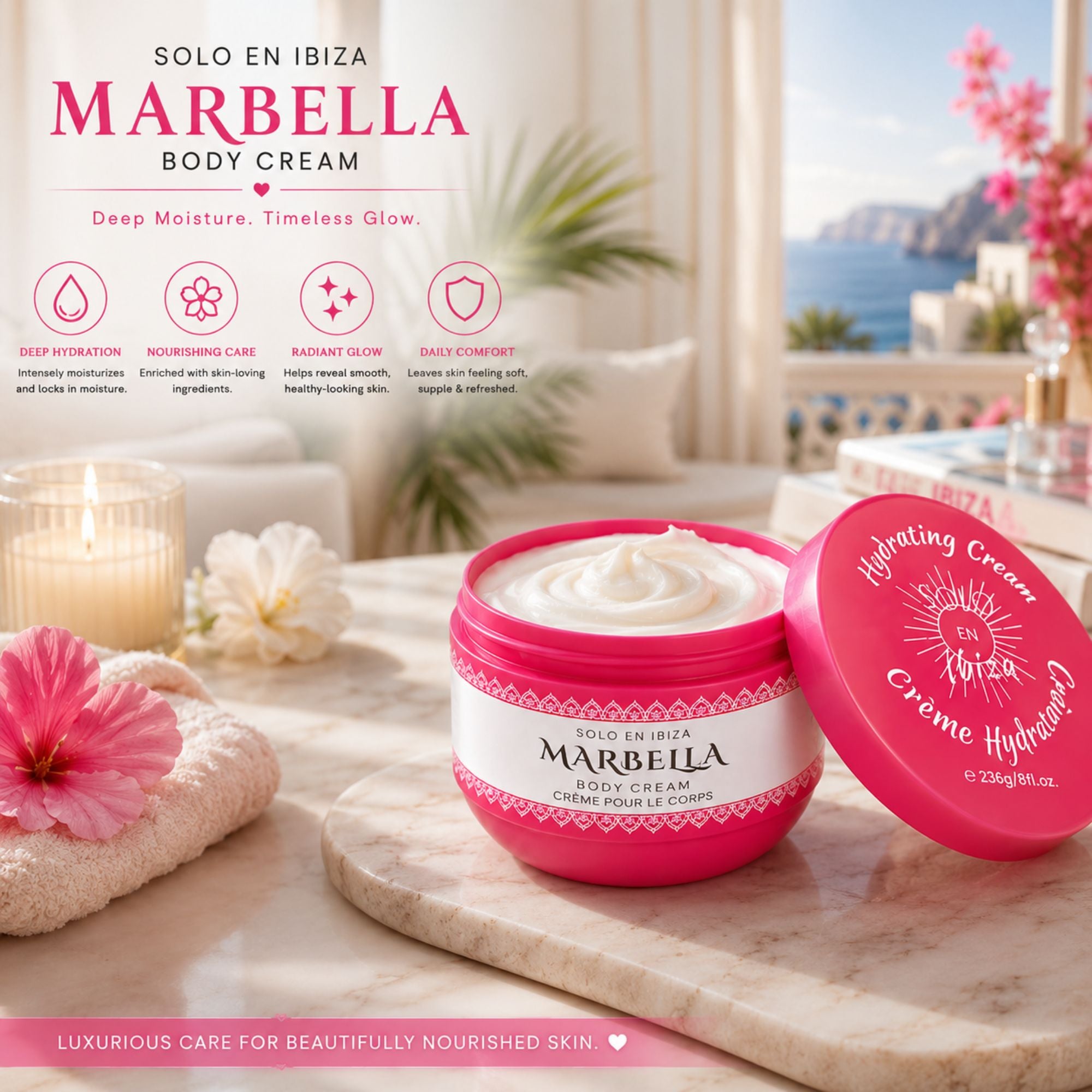 SOLO EN IBIZA MARBELLA HYDRATING CREAM body cream in a pink jar with its lid beside it, set on a marble surface with a candle, flowers, and a softly blurred beach background. Product text and feature icons appear on the left side of the image.