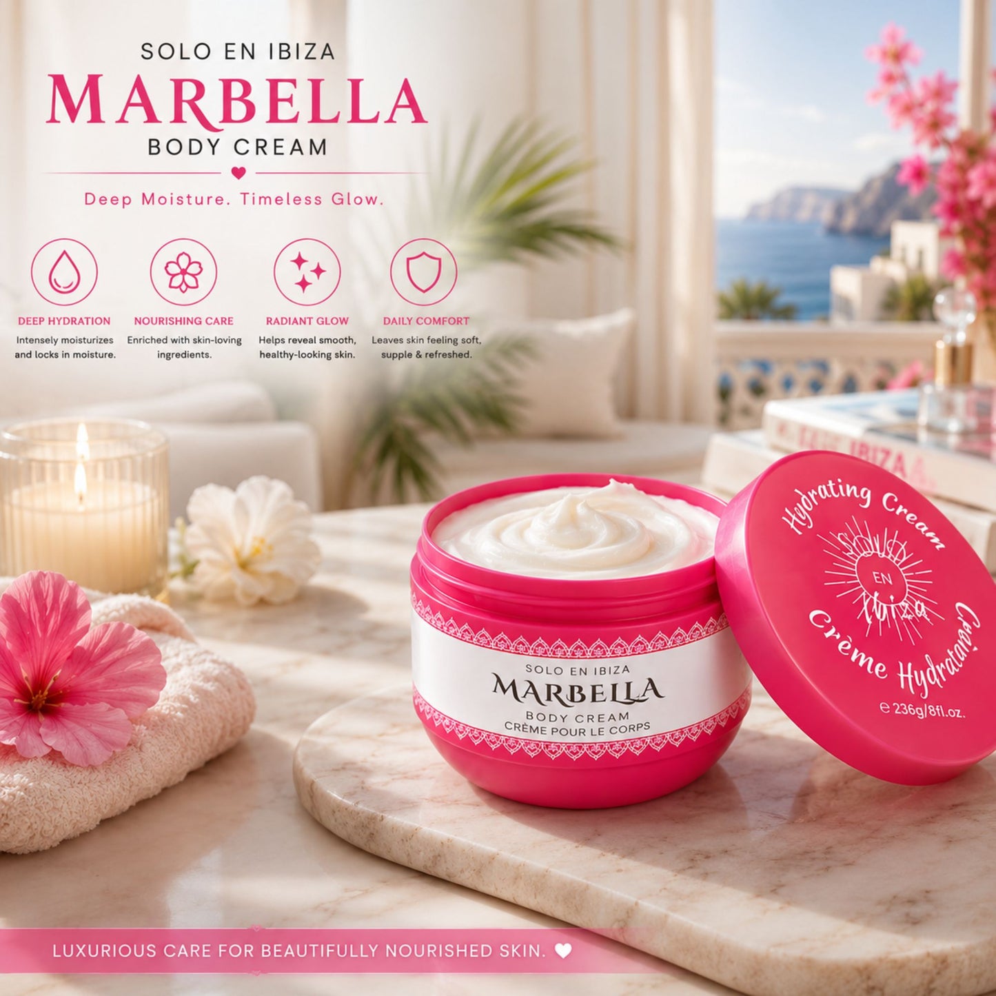 SOLO EN IBIZA MARBELLA HYDRATING CREAM body cream in a pink jar with its lid beside it, set on a marble surface with a candle, flowers, and a softly blurred beach background. Product text and feature icons appear on the left side of the image.
