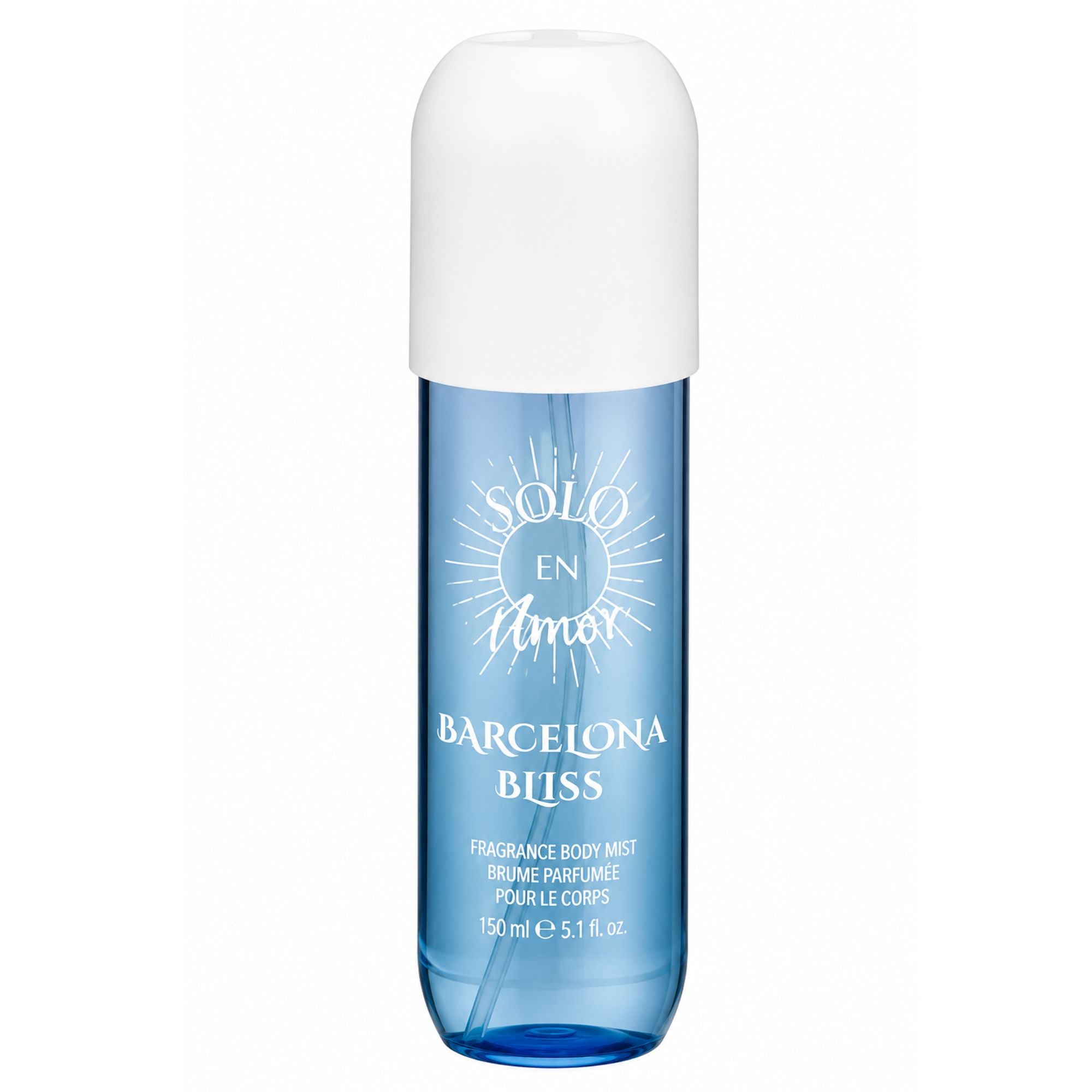 A woman in a light blue camisole holds and sprays a blue Barcelona Bliss fragrance body mist in a bright bedroom setting. The ad includes the product bottle, large text reading BARCELONA BLISS, feature callouts, and lifestyle photos along the bottom.