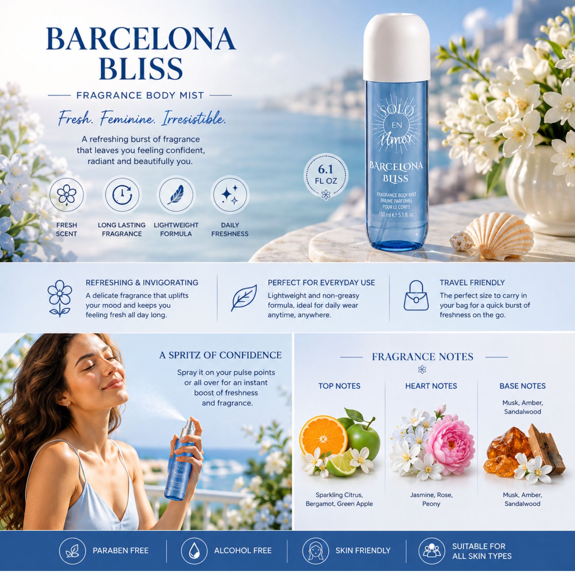 A woman in a light blue camisole holds and sprays a blue Barcelona Bliss fragrance body mist in a bright bedroom setting. The ad includes the product bottle, large text reading BARCELONA BLISS, feature callouts, and lifestyle photos along the bottom.