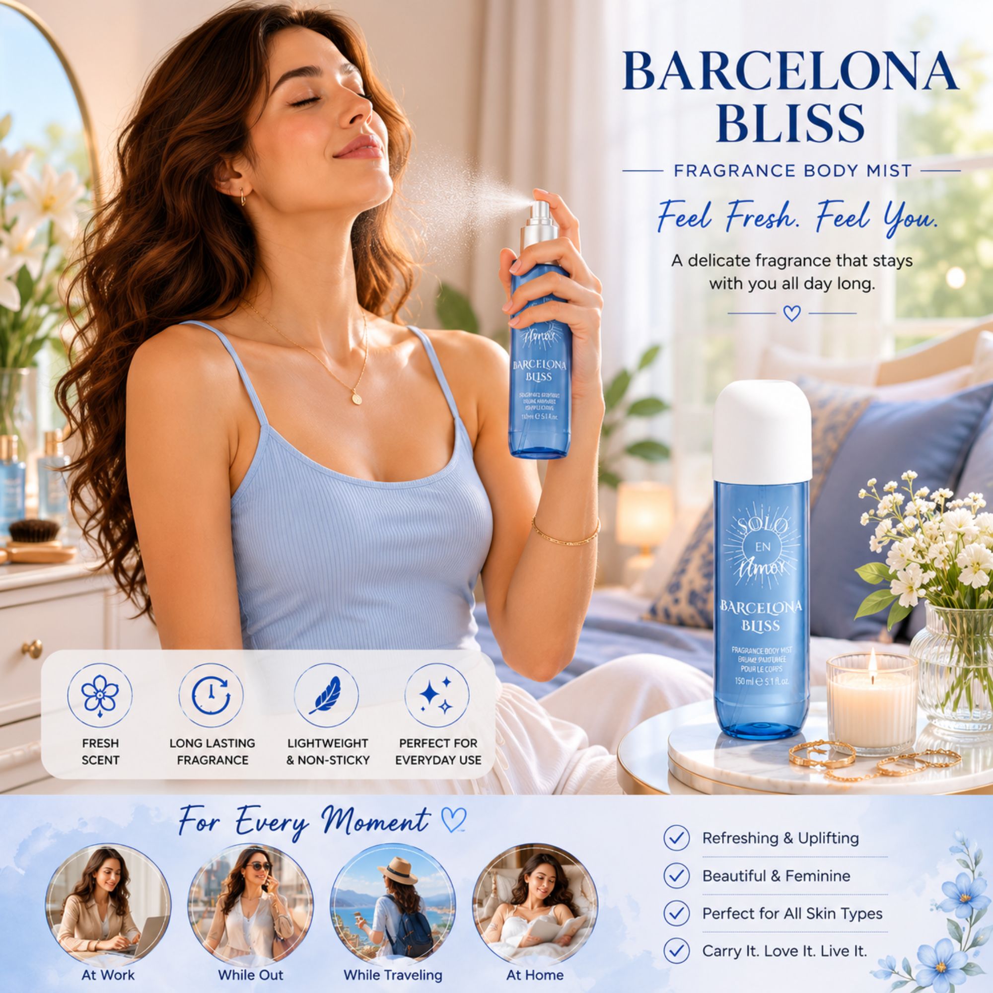 A woman in a light blue camisole holds and sprays a blue Barcelona Bliss fragrance body mist in a bright bedroom setting. The ad includes the product bottle, large text reading BARCELONA BLISS, feature callouts, and lifestyle photos along the bottom.