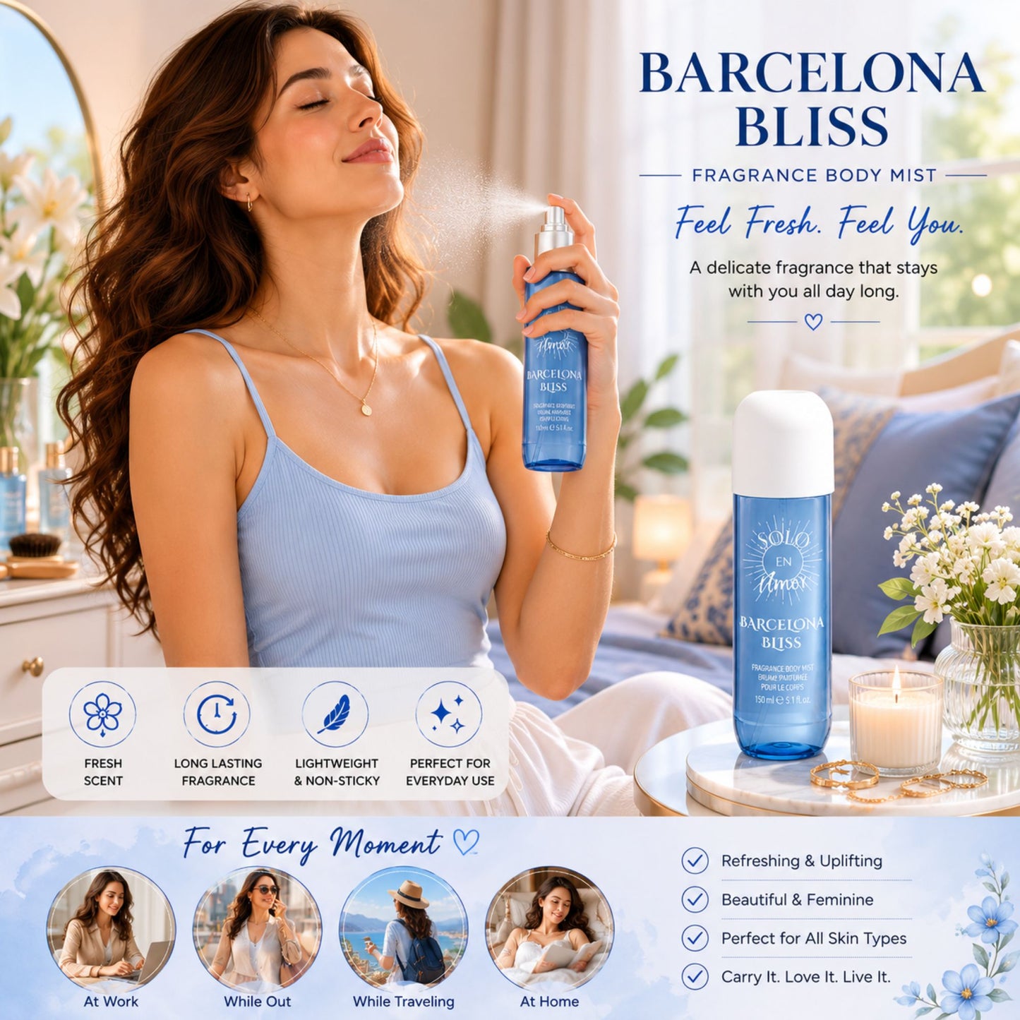 A woman in a light blue camisole holds and sprays a blue Barcelona Bliss fragrance body mist in a bright bedroom setting. The ad includes the product bottle, large text reading BARCELONA BLISS, feature callouts, and lifestyle photos along the bottom.