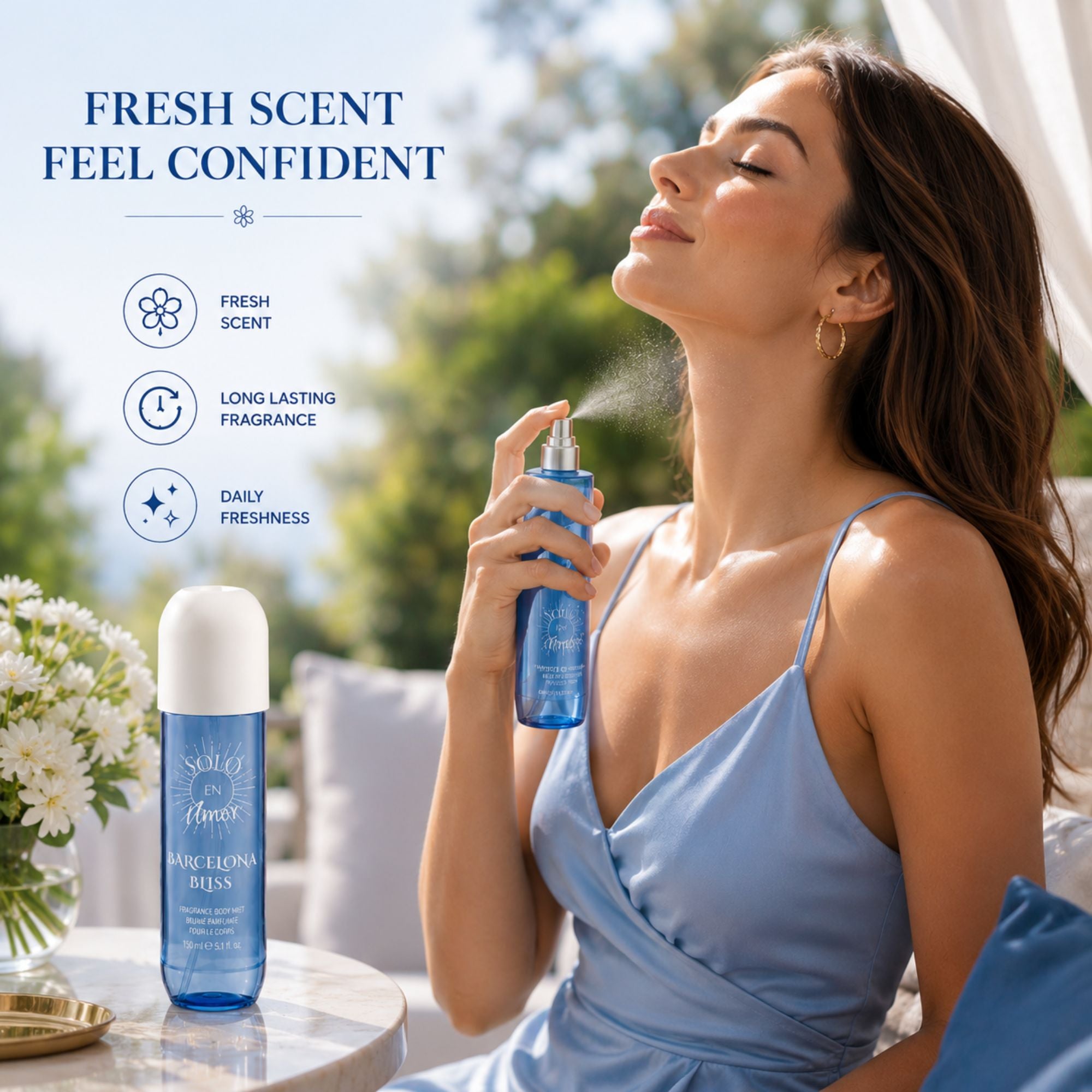 A woman in a light blue camisole holds and sprays a blue Barcelona Bliss fragrance body mist in a bright bedroom setting. The ad includes the product bottle, large text reading BARCELONA BLISS, feature callouts, and lifestyle photos along the bottom.