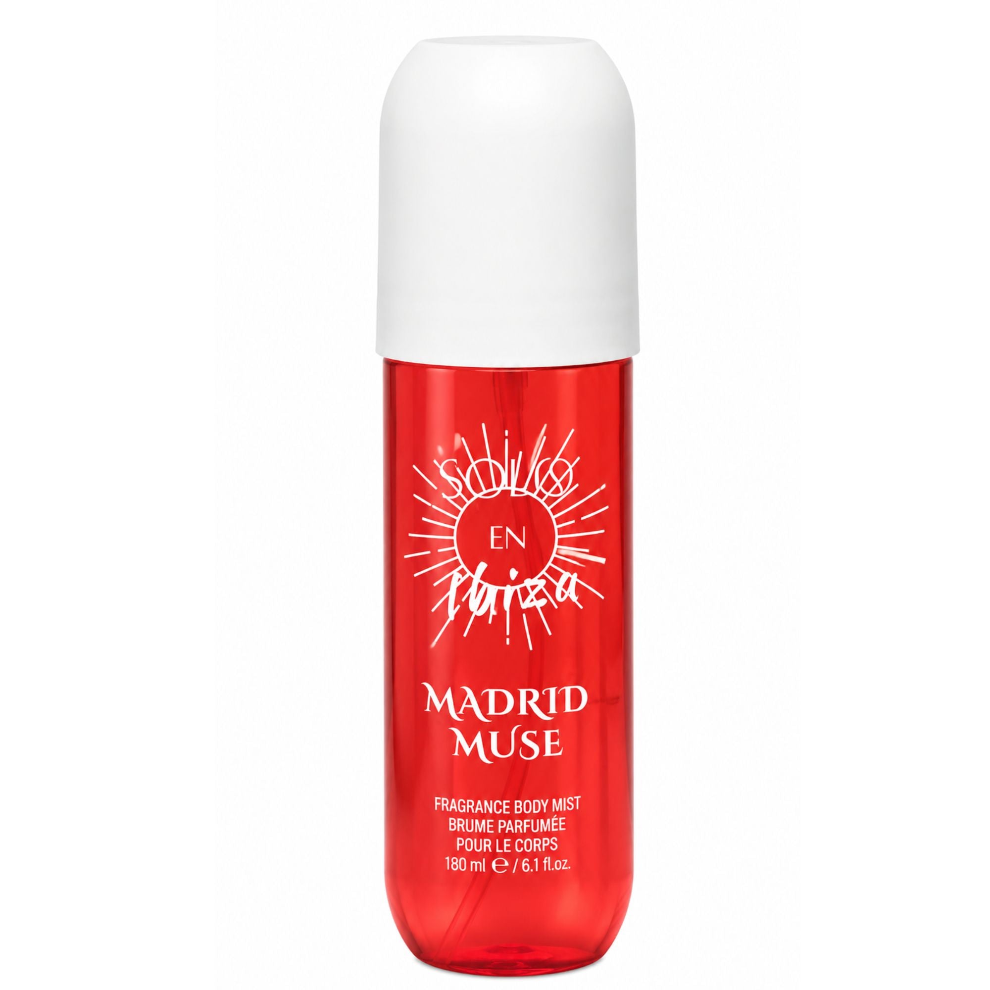A 160 ml bottle of Solfés En Marsa Madrid Muse Fragrance Body Mist, featuring a translucent red bottle and a white cap, on a solid white background.