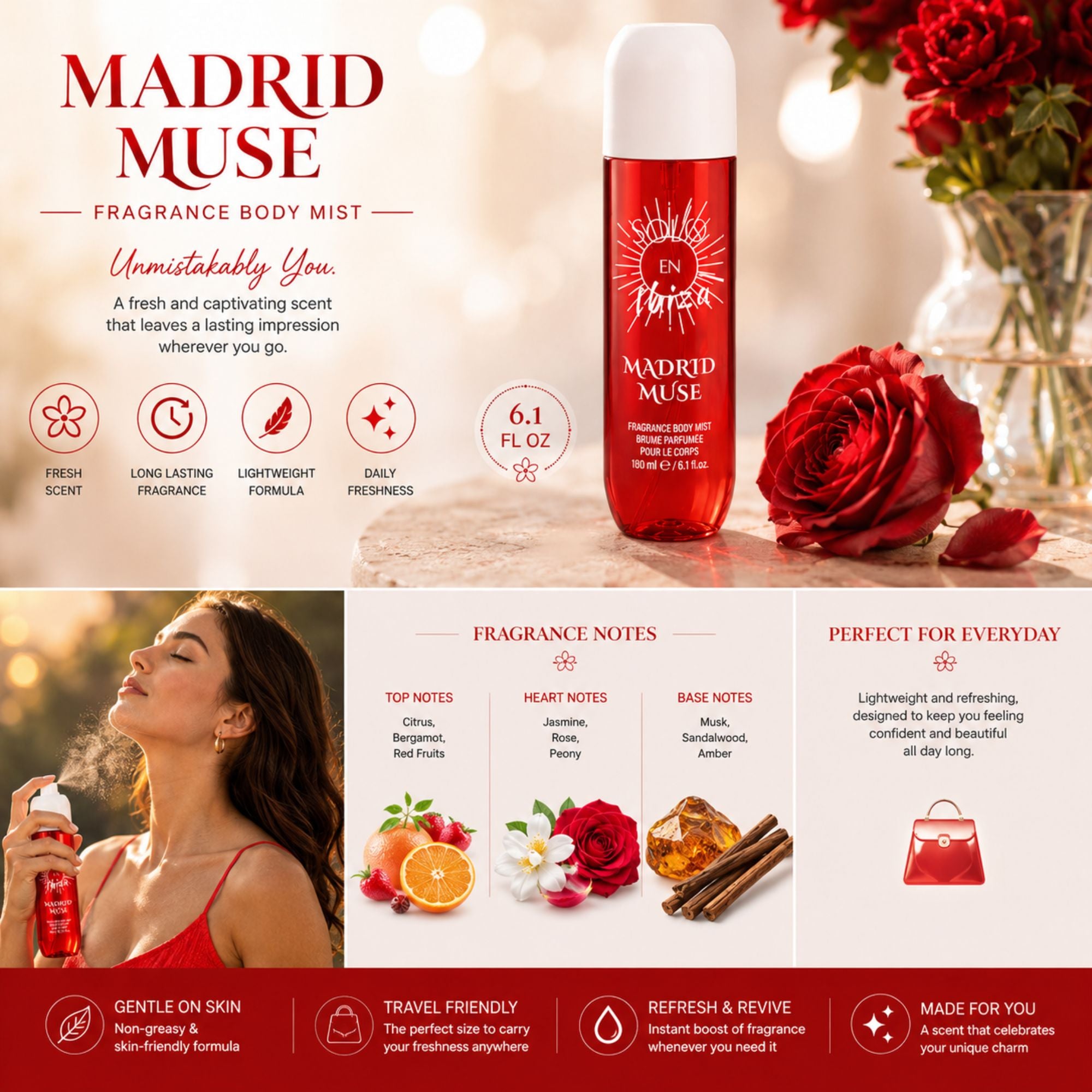 Madrid Muse Fragrance Body Mist bottle shown on a white background with decorative red roses, plus marketing text and notes about the scent. A woman holding the bottle appears in a smaller inset photo on the lower left.