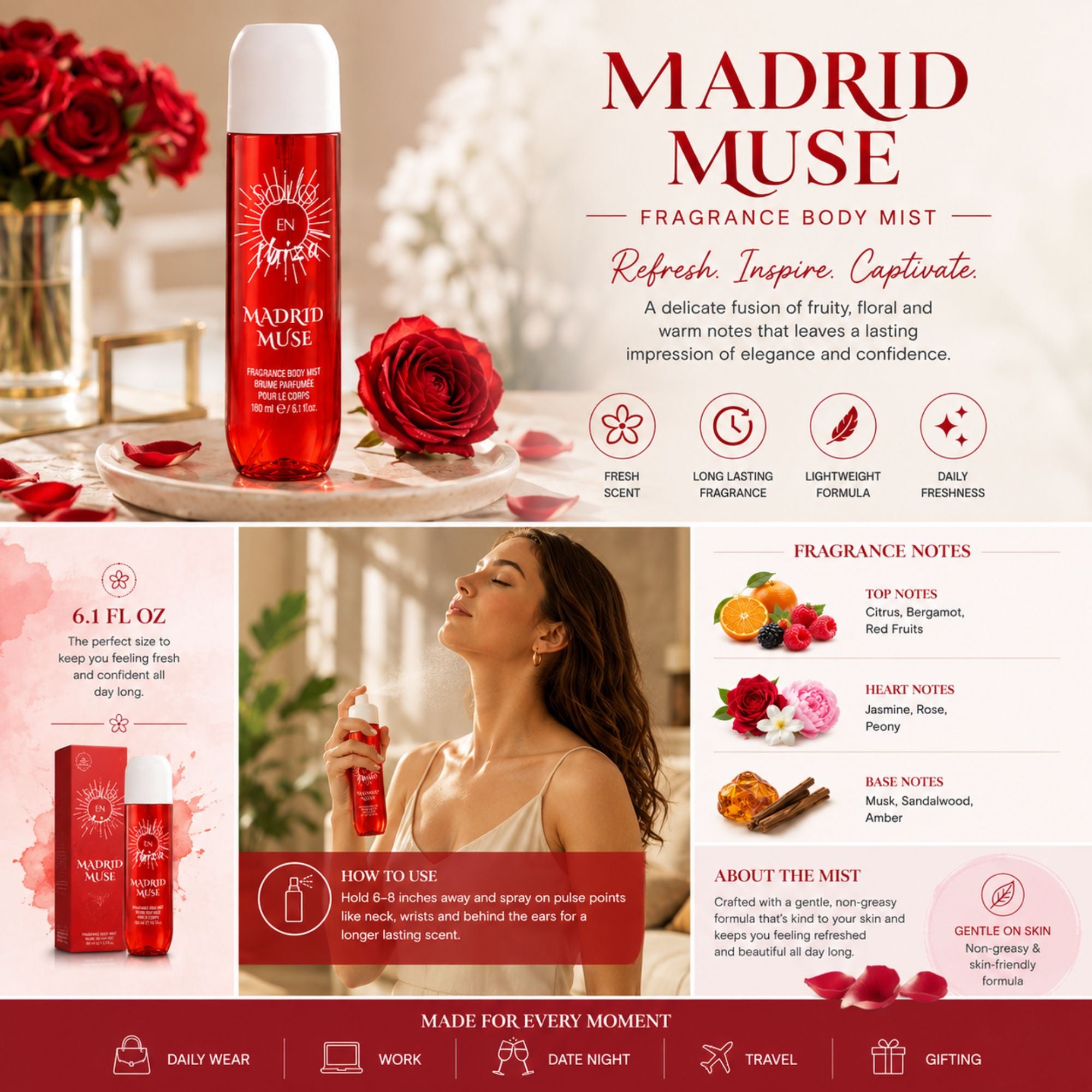 Madrid Muse Fragrance Body Mist promotional graphic featuring a red spray bottle, rose imagery, and a woman in a spa-like setting. The layout includes scent notes, usage instructions, and branding text on a warm beige background.
