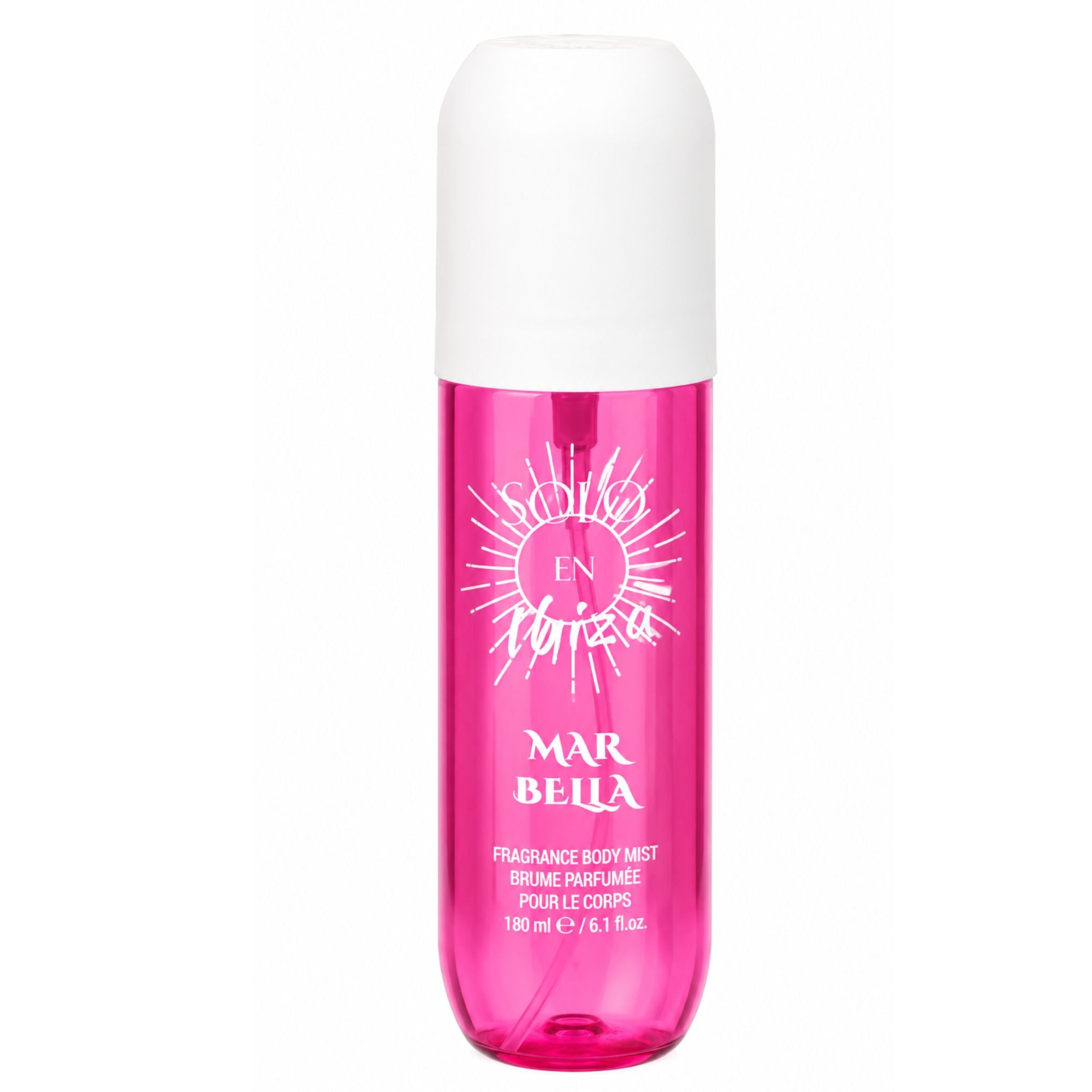 A pink roll-on body mist bottle with a white cap, labeled 'Soleil Ensoleil' and 'Mar Bella', on a plain white background.