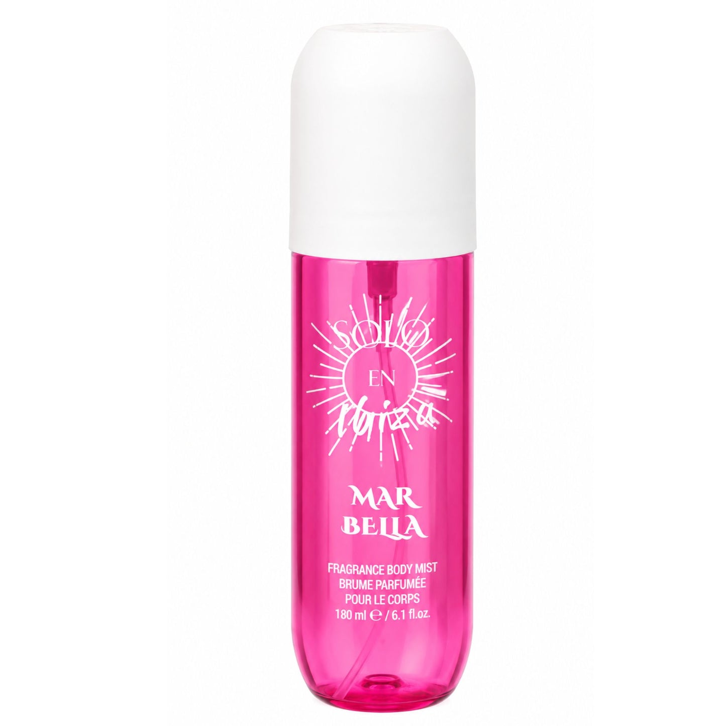 A pink roll-on body mist bottle with a white cap, labeled 'Soleil Ensoleil' and 'Mar Bella', on a plain white background.