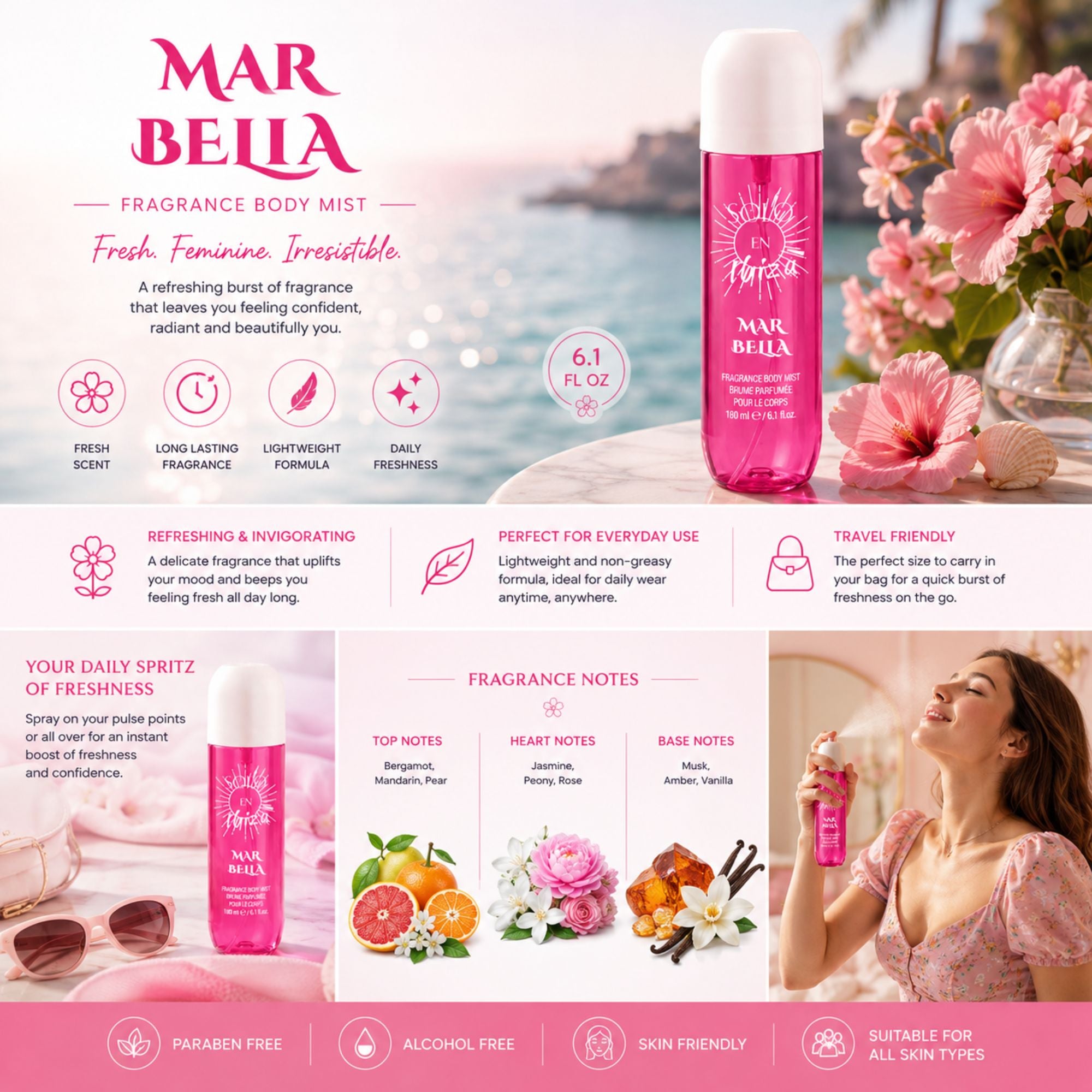 A promotional collage for the MAR BELLA Fragrance Body Mist in 'Fresh, Feminine, Irresistible'. The image features multiple views of the pink and white spray bottle, fresh pink flowers, citrus fruits, and a woman spraying the mist on her skin.
