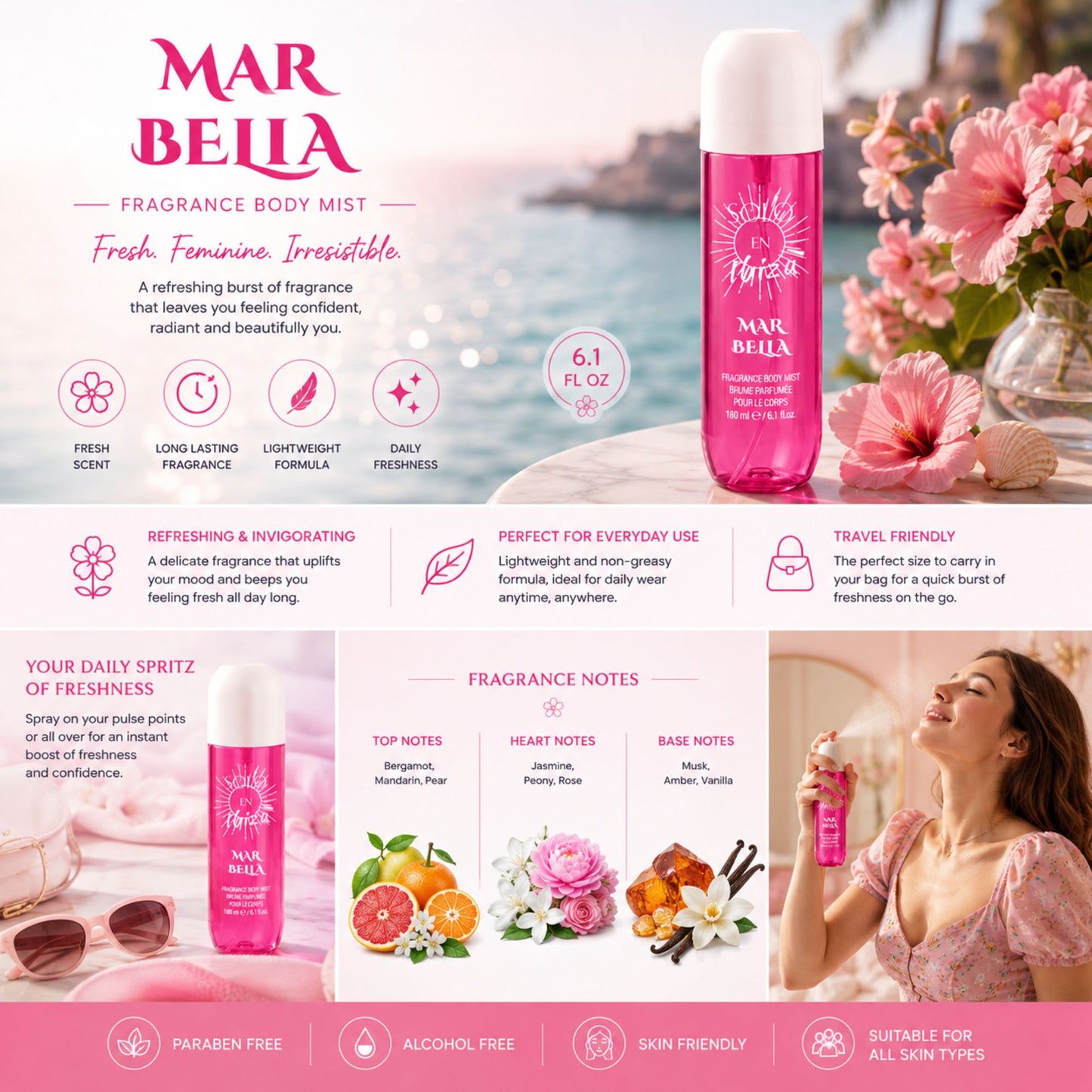 A promotional collage for the MAR BELLA Fragrance Body Mist in 'Fresh, Feminine, Irresistible'. The image features multiple views of the pink and white spray bottle, fresh pink flowers, citrus fruits, and a woman spraying the mist on her skin.