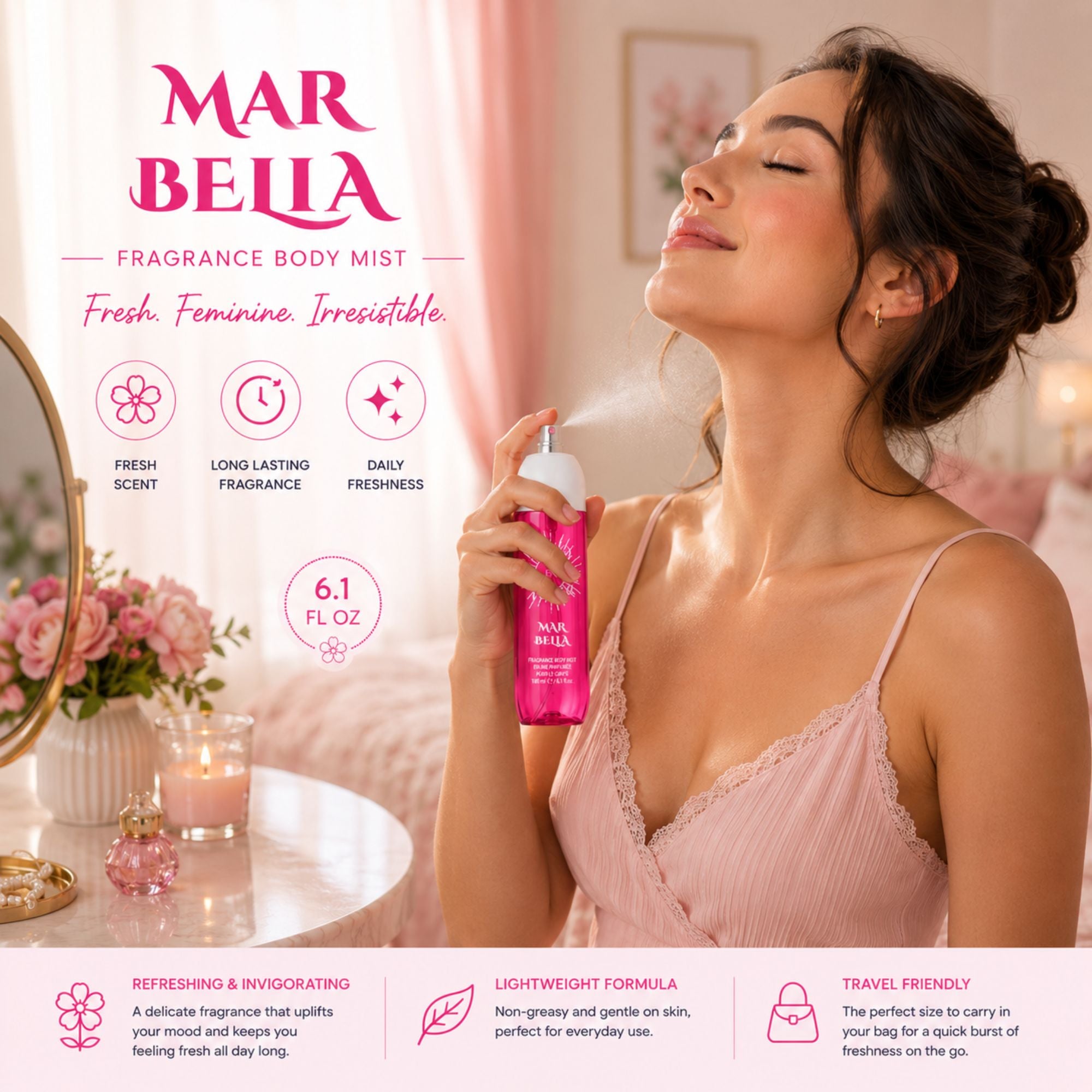 A woman in a pink lace-trim camisole holds a pink Mar Bella Fragrance Body Mist can and sprays it toward herself in a softly lit bedroom. The ad includes product text, icons, and feature callouts on a pink background.