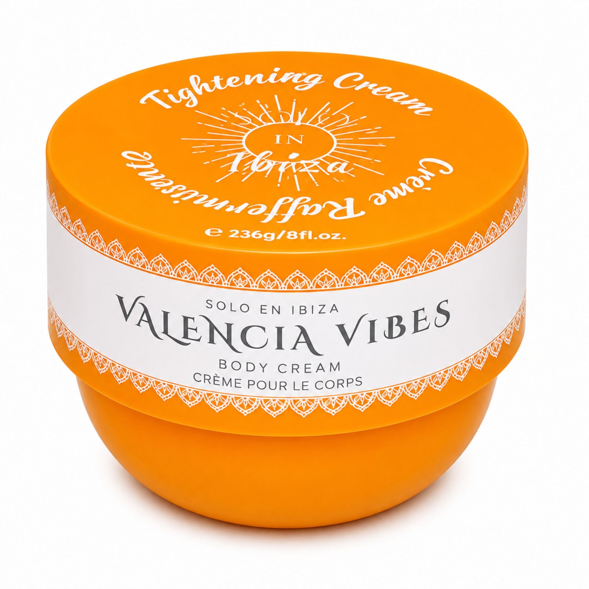 A round orange jar of Valencia Vibes Tightening Cream on a clean white background. The lid features a white circular label with the brand name 'Valencia Vibes' and 'SOLO EN IBIZA' in black text, surrounded by a decorative orange pattern.