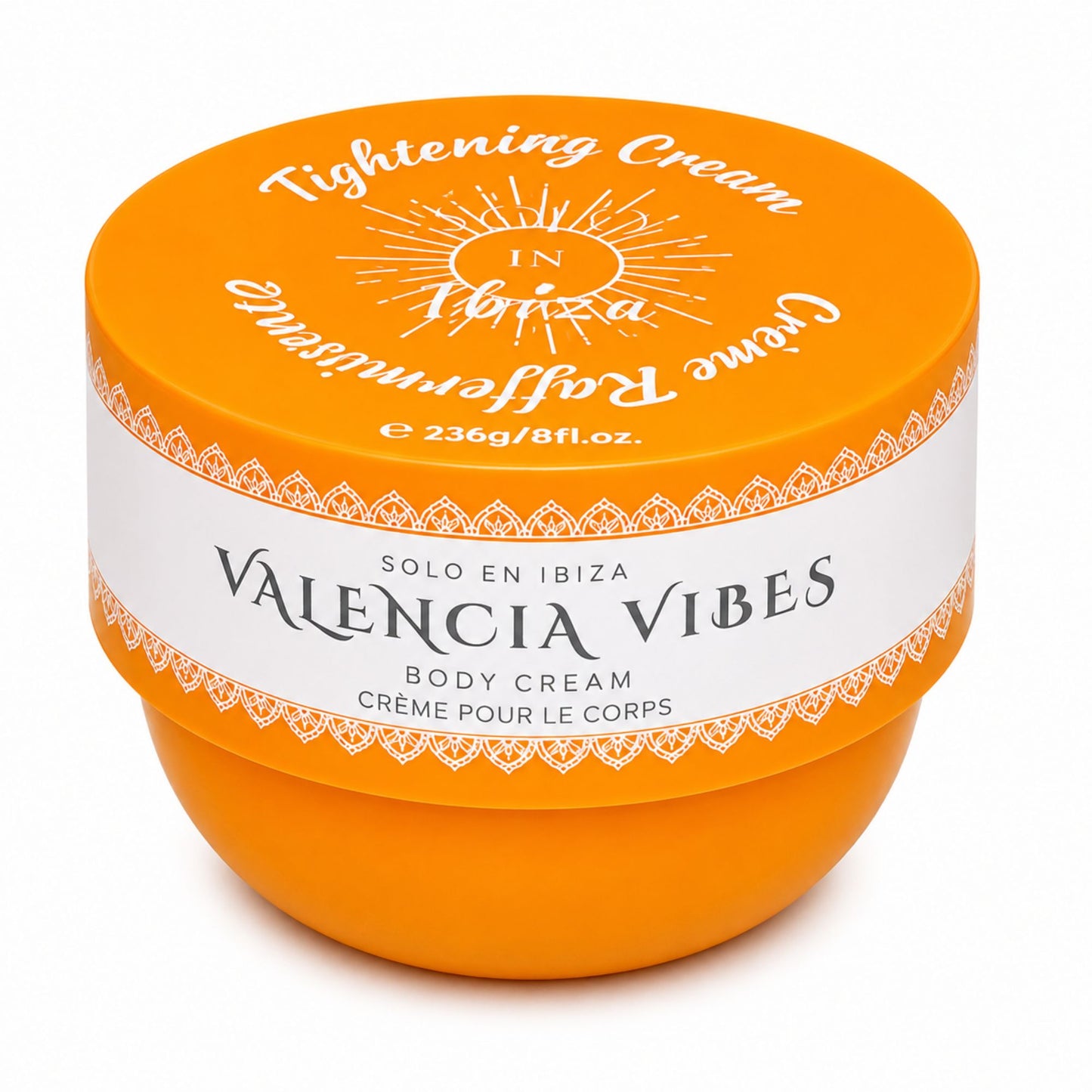 A round orange jar of Valencia Vibes Tightening Cream on a clean white background. The lid features a white circular label with the brand name 'Valencia Vibes' and 'SOLO EN IBIZA' in black text, surrounded by a decorative orange pattern.