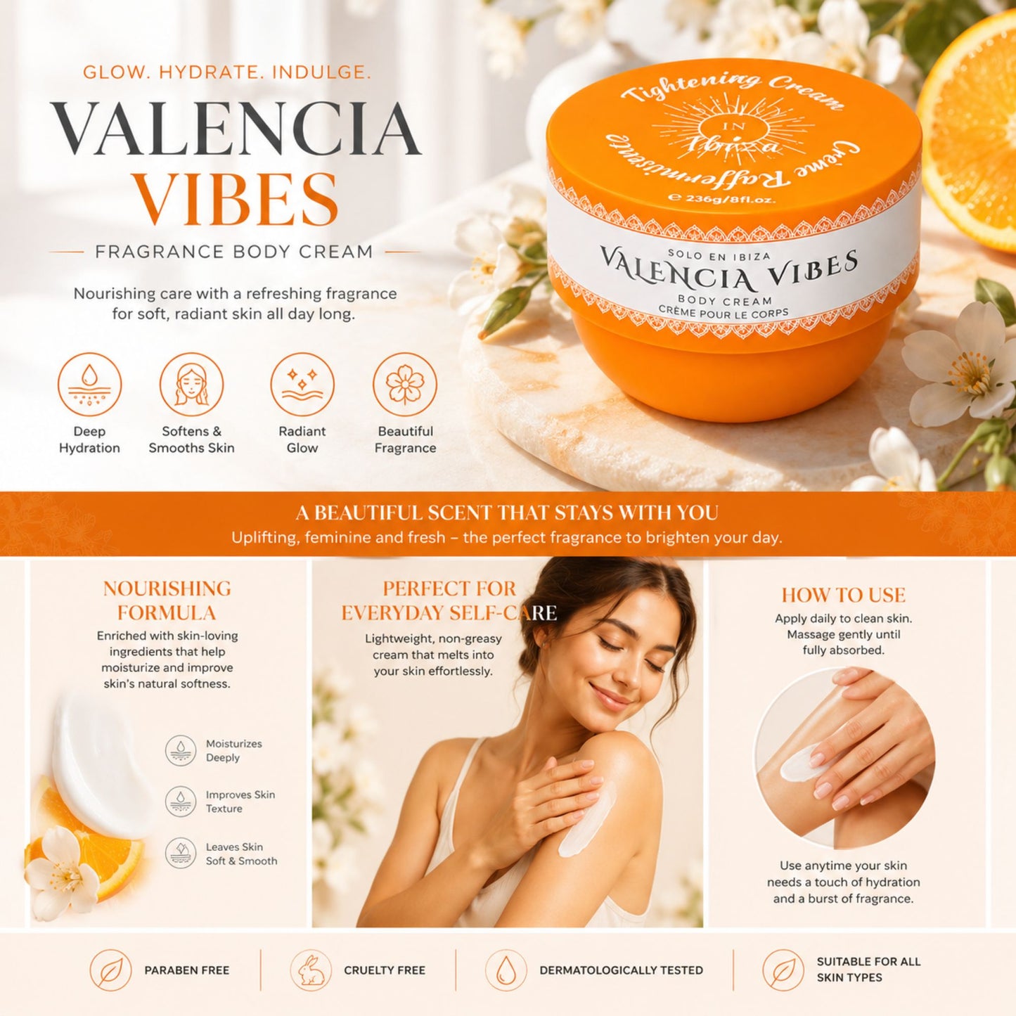 Valencia Vibes Fragrance Body Cream jar with an orange lid and white body, displayed on a white background with floral props and infographic panels below detailing product benefits and usage.