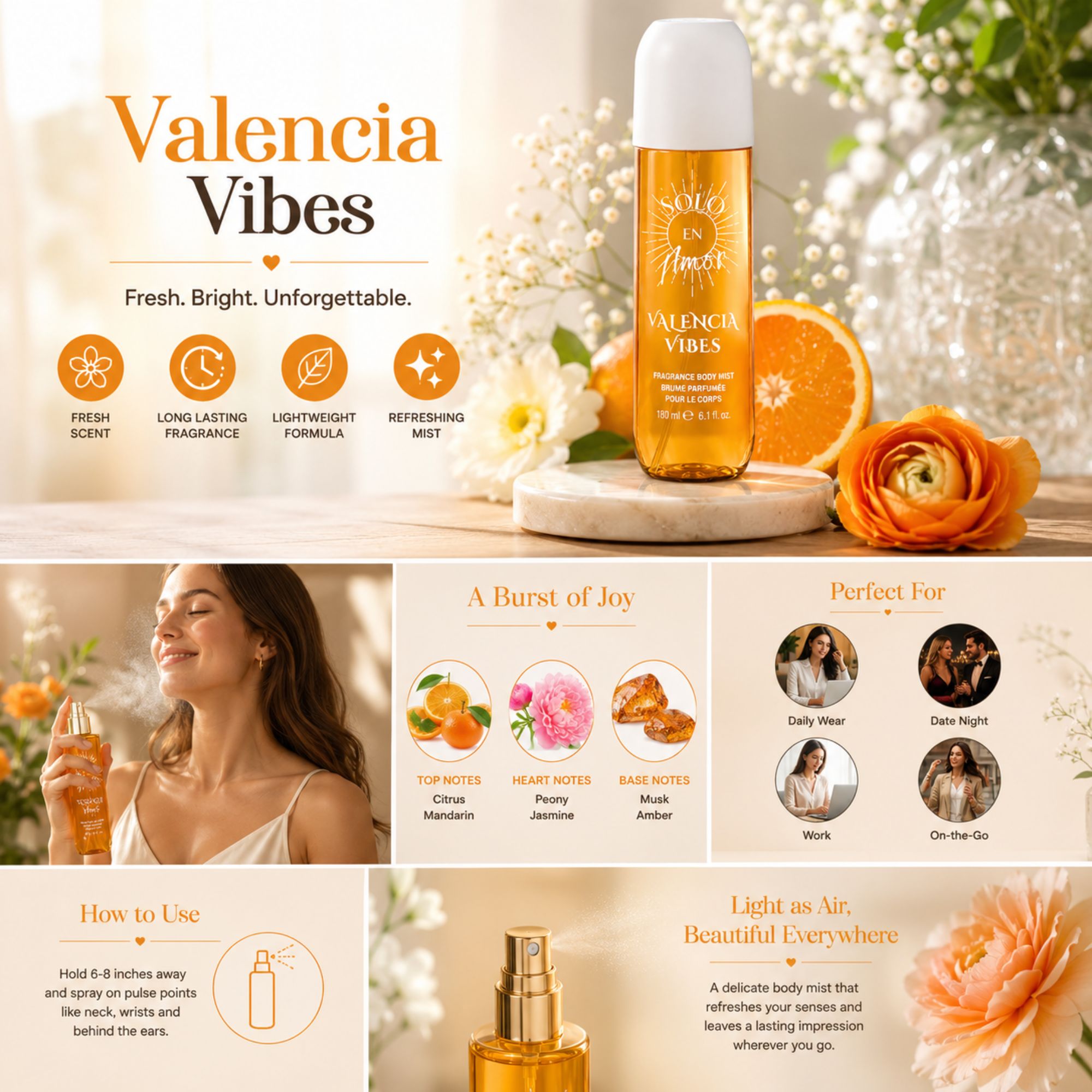 A promotional collage for the Valencia Vibes fragrance mist by Solo in Flames, showing the amber spray bottle with a white cap, orange slices, roses, and several lifestyle panels with a woman, scent notes, and usage instructions.