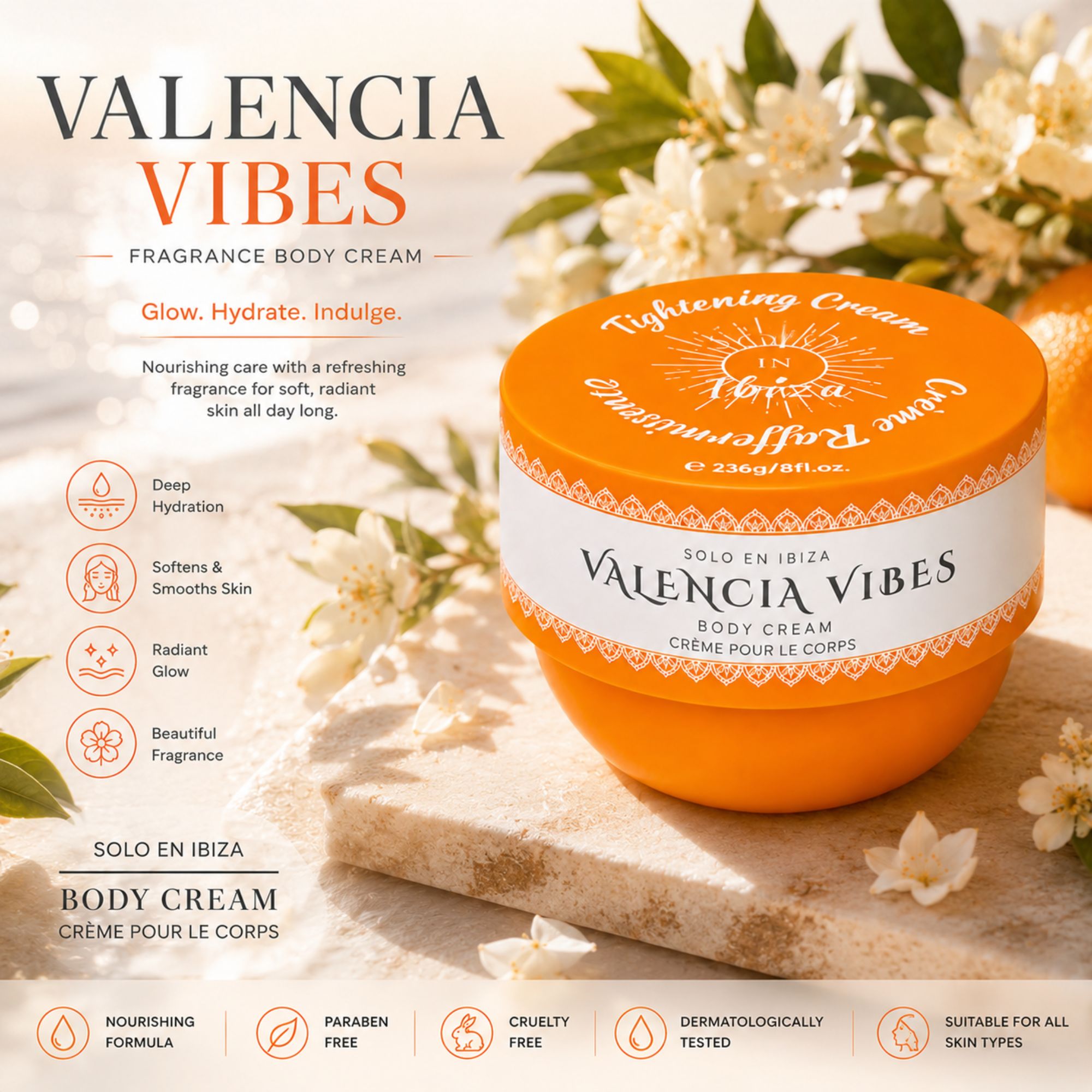 A round orange jar of Valencia Vibes Tightening Cream on a clean white background. The lid features a white circular label with the brand name 'Valencia Vibes' and 'SOLO EN IBIZA' in black text, surrounded by a decorative orange pattern.