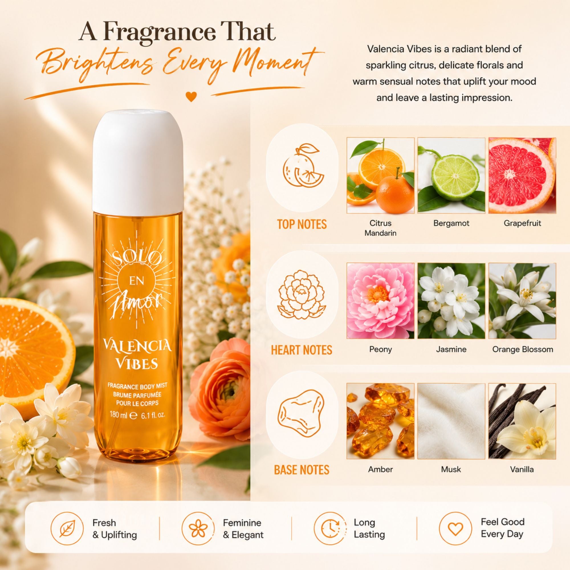 A bottle of Solo en Amor Valencia Vibes fragrance body mist stands on a reflective surface next to a detailed scent profile graphic. The bottle is amber glass with a white cap, and the background is decorated with orange slices, white roses, and soft warm lighting.