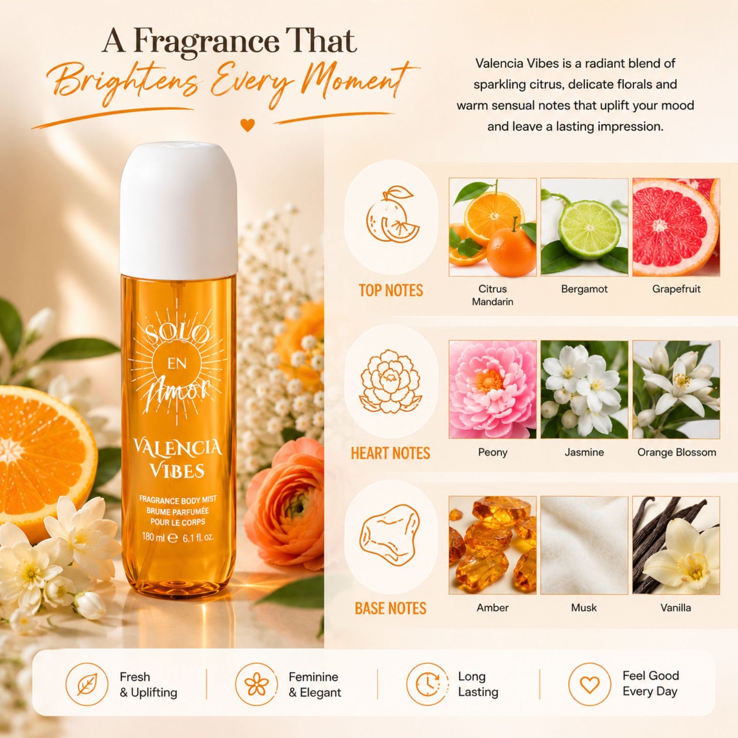 A bottle of Solo en Amor Valencia Vibes fragrance body mist stands on a reflective surface next to a detailed scent profile graphic. The bottle is amber glass with a white cap, and the background is decorated with orange slices, white roses, and soft warm lighting.