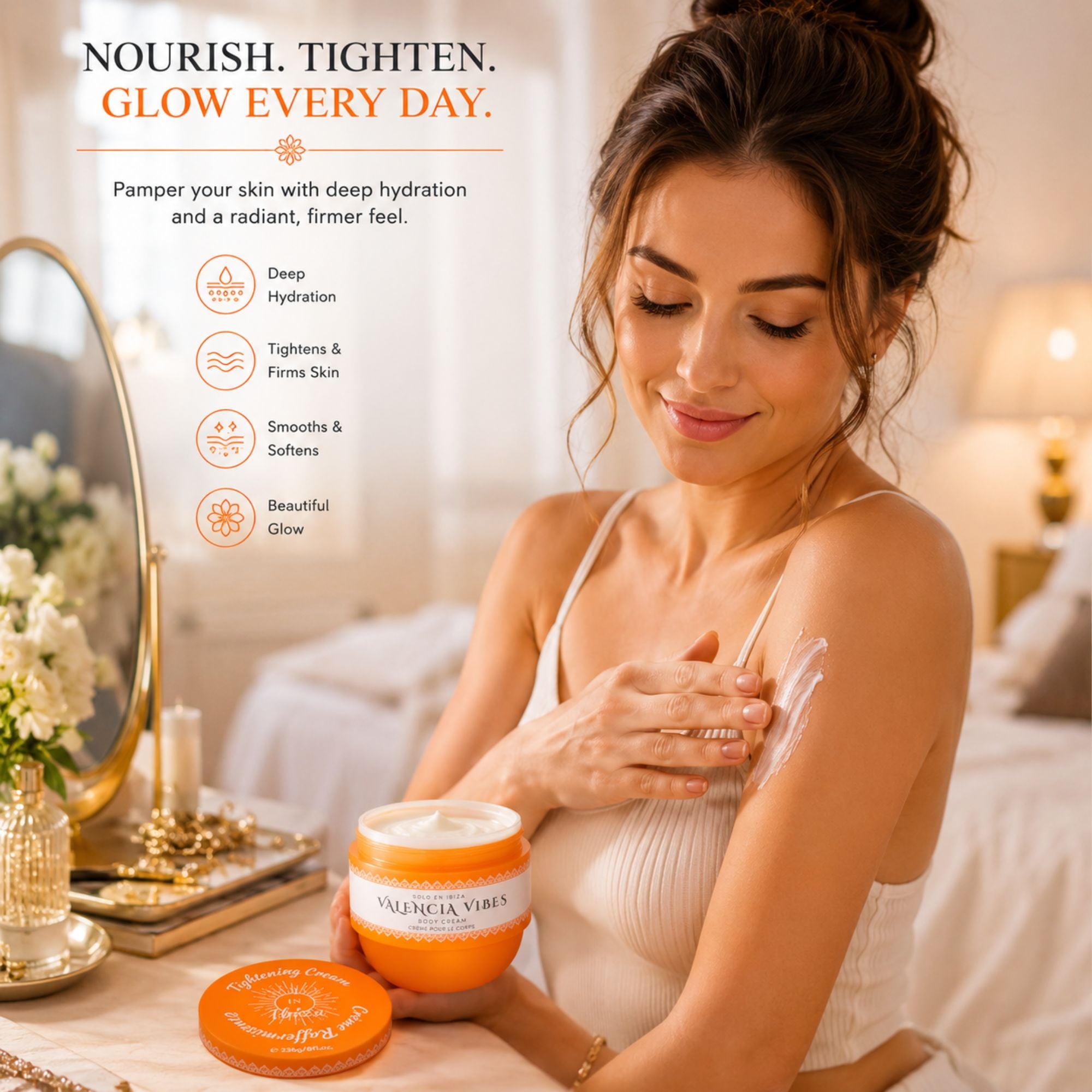 A round orange jar of Valencia Vibes Tightening Cream on a clean white background. The lid features a white circular label with the brand name 'Valencia Vibes' and 'SOLO EN IBIZA' in black text, surrounded by a decorative orange pattern.