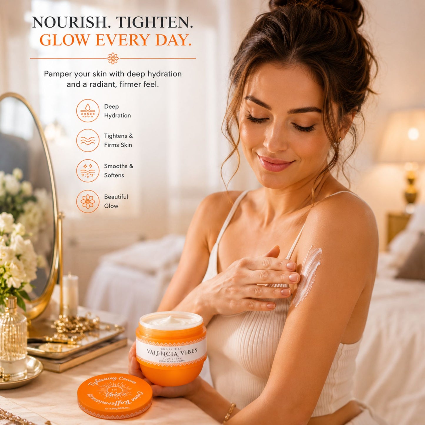 A round orange jar of Valencia Vibes Tightening Cream on a clean white background. The lid features a white circular label with the brand name 'Valencia Vibes' and 'SOLO EN IBIZA' in black text, surrounded by a decorative orange pattern.