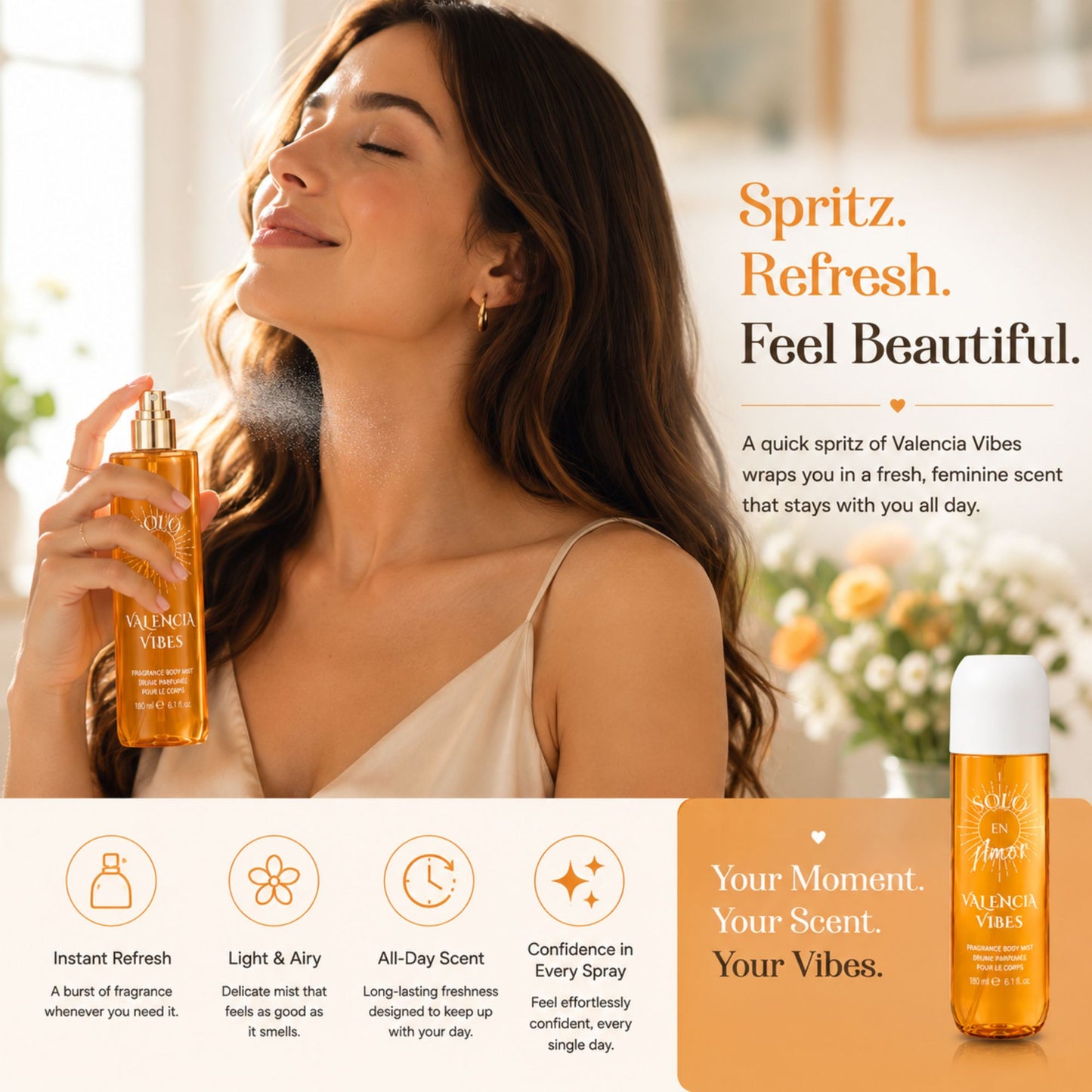 A woman holds a bottle of Valencia Vibes Scented Mist while spraying it, with text overlays describing the fragrance as 'Spritz. Refresh.