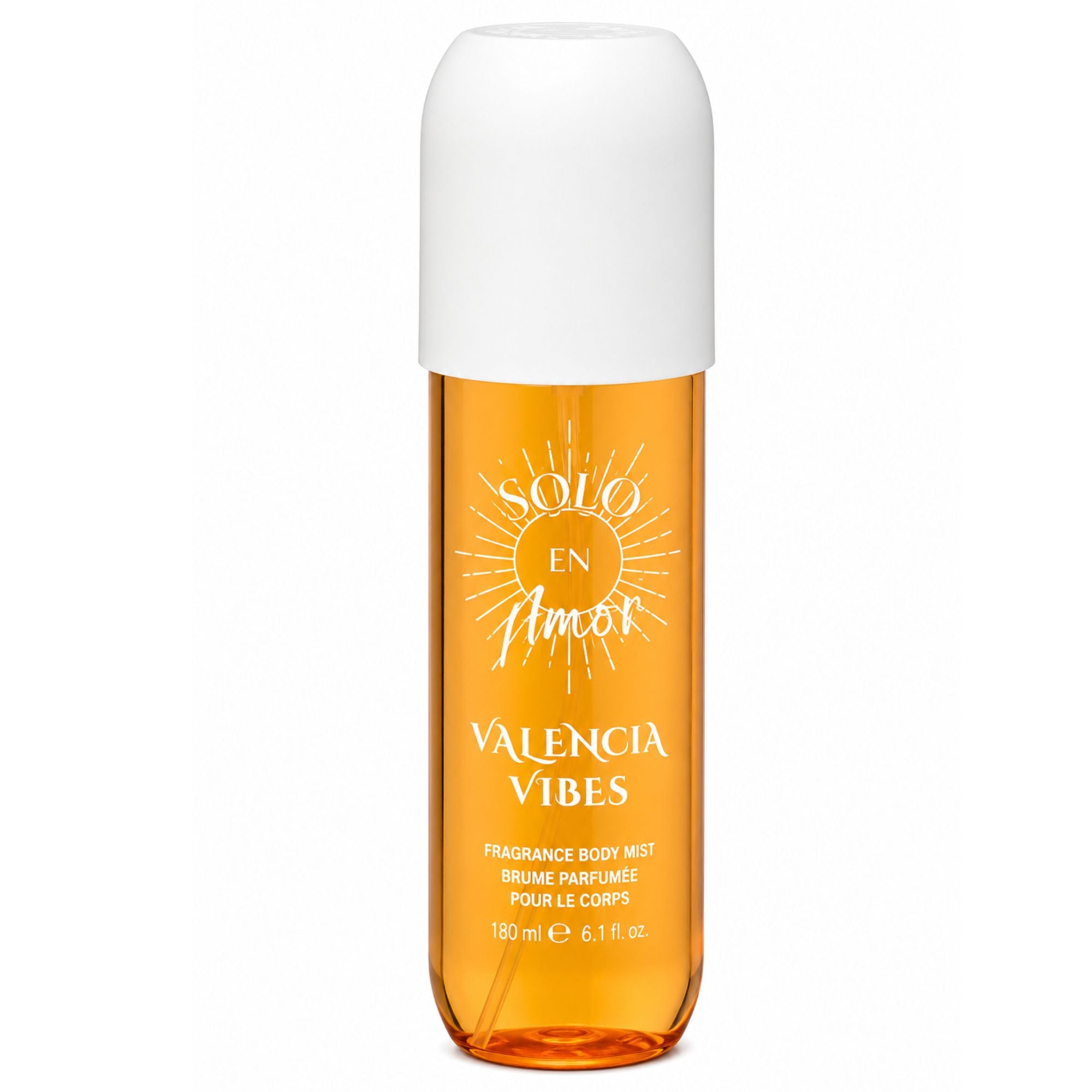 A bottle of Valencia Vibes Fragrance Body Mist by Solo En Amor, featuring an amber-colored transparent bottle with a white cap, set against a plain white background.