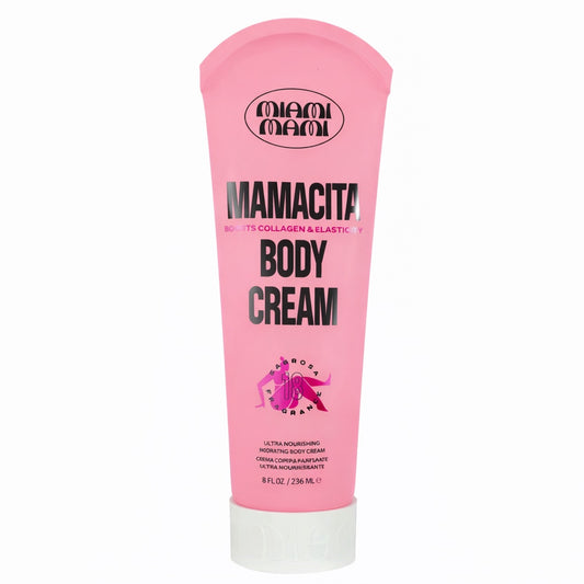 Pink tube of MAMACITA BODY CREAM on a white background