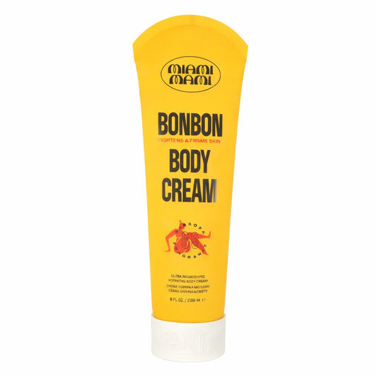 Yellow tube of Bonbon Body Cream with 'Miami Mami' branding on a white background