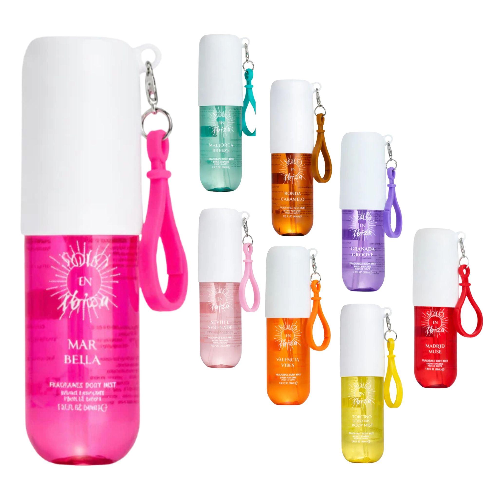 Collection of colorful perfume bottles with keychains on a white background