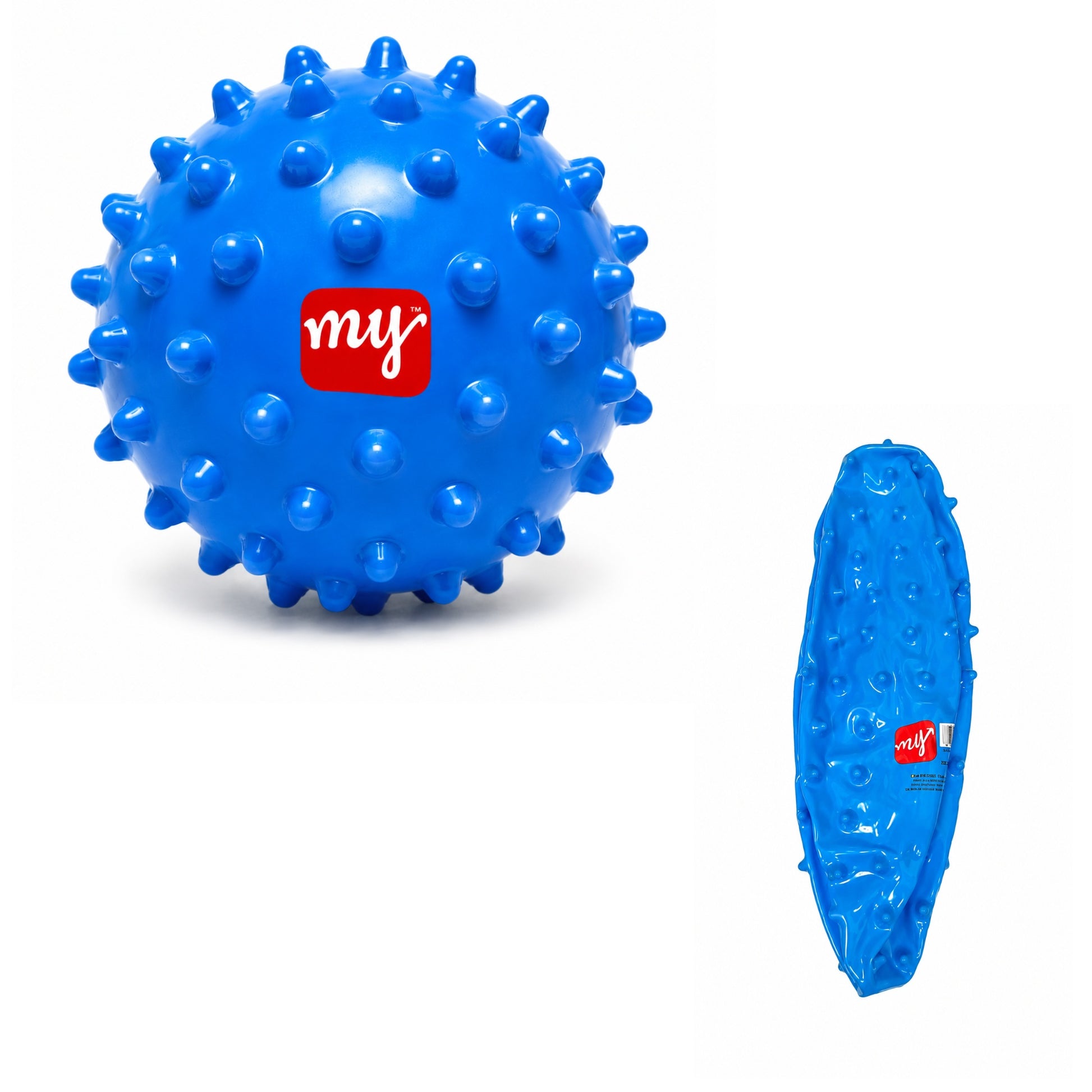 Blue textured ball with 'my' logo on a white background
