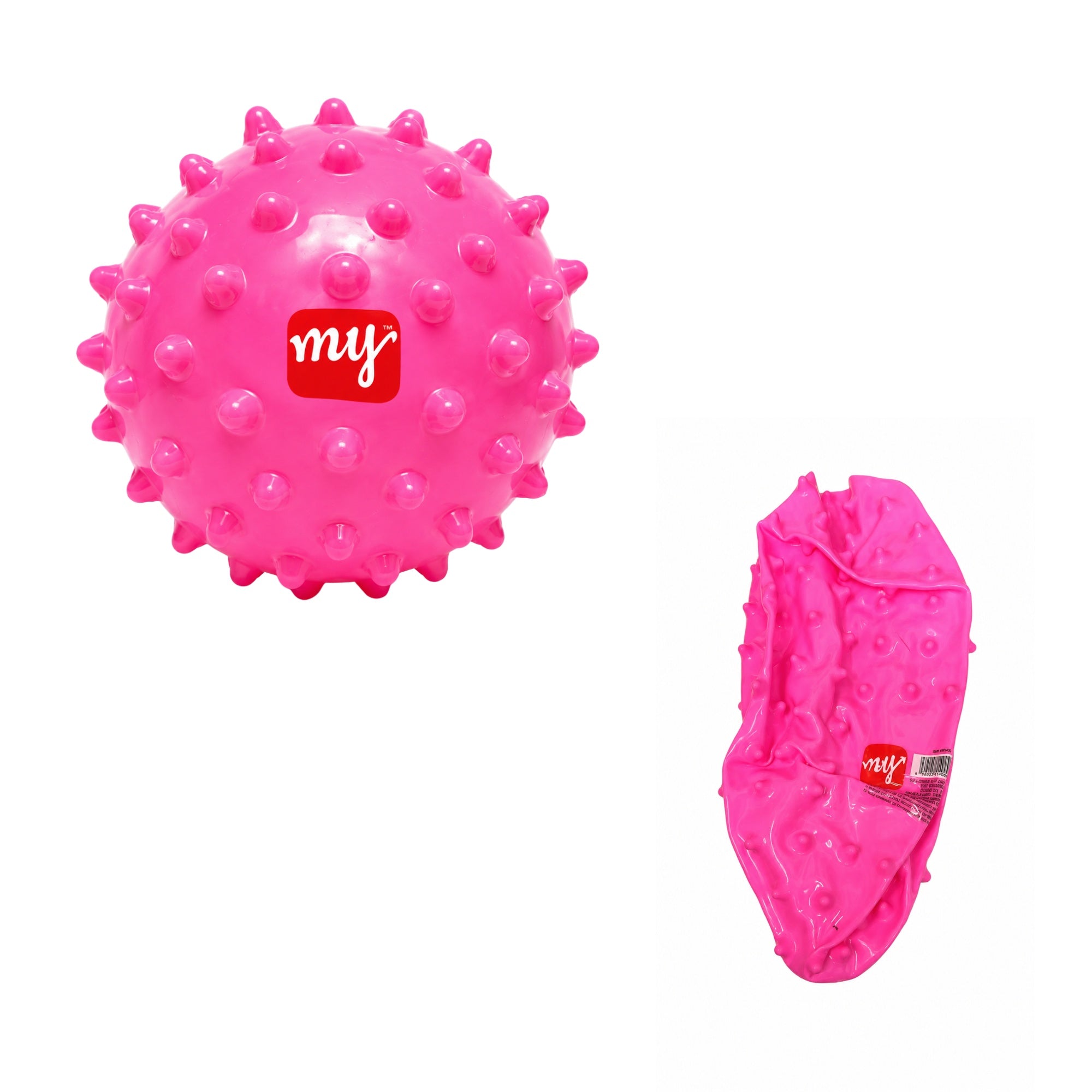Pink textured ball and cover with 'my' brand logo on a white background
