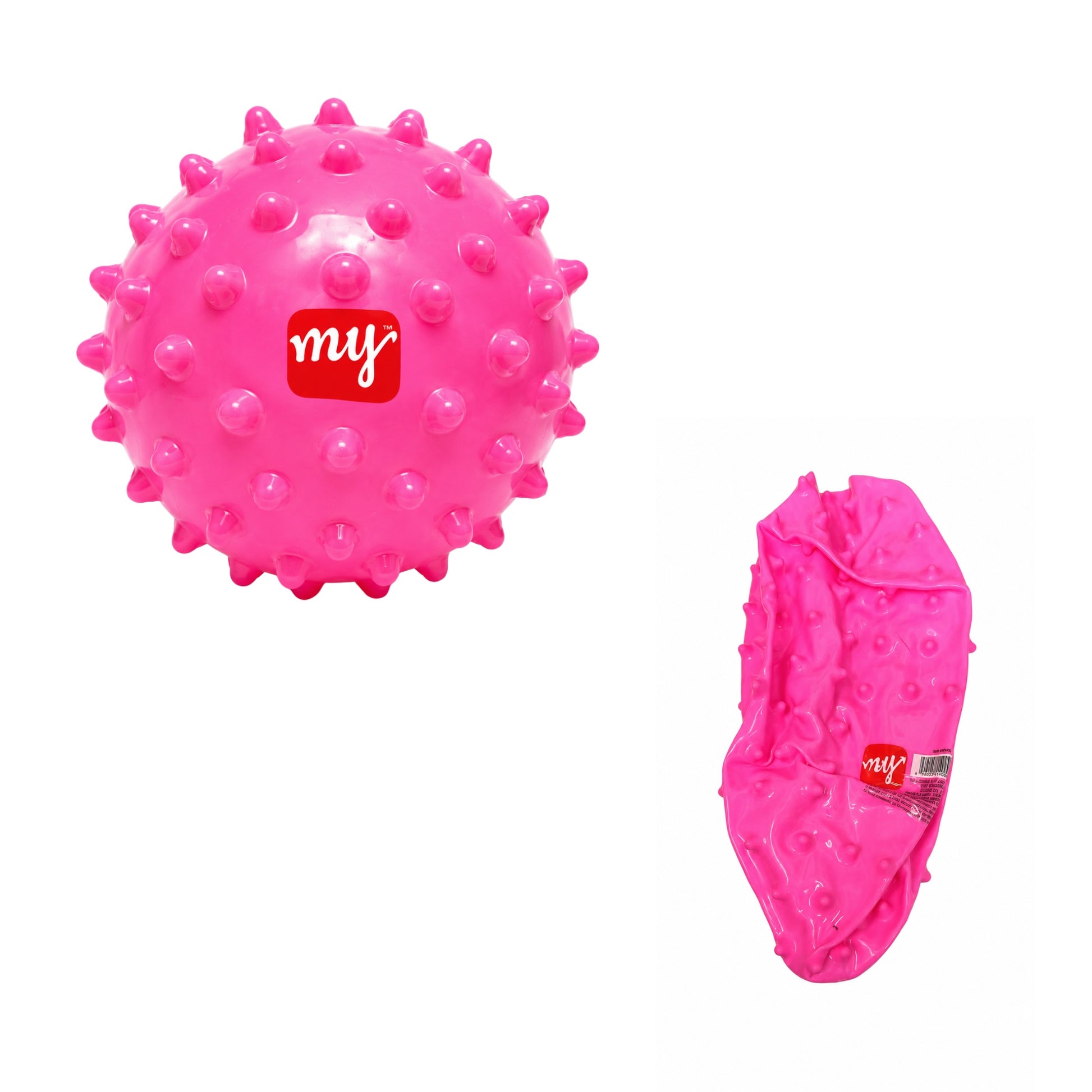 Pink textured ball and cover with 'my' brand logo on a white background