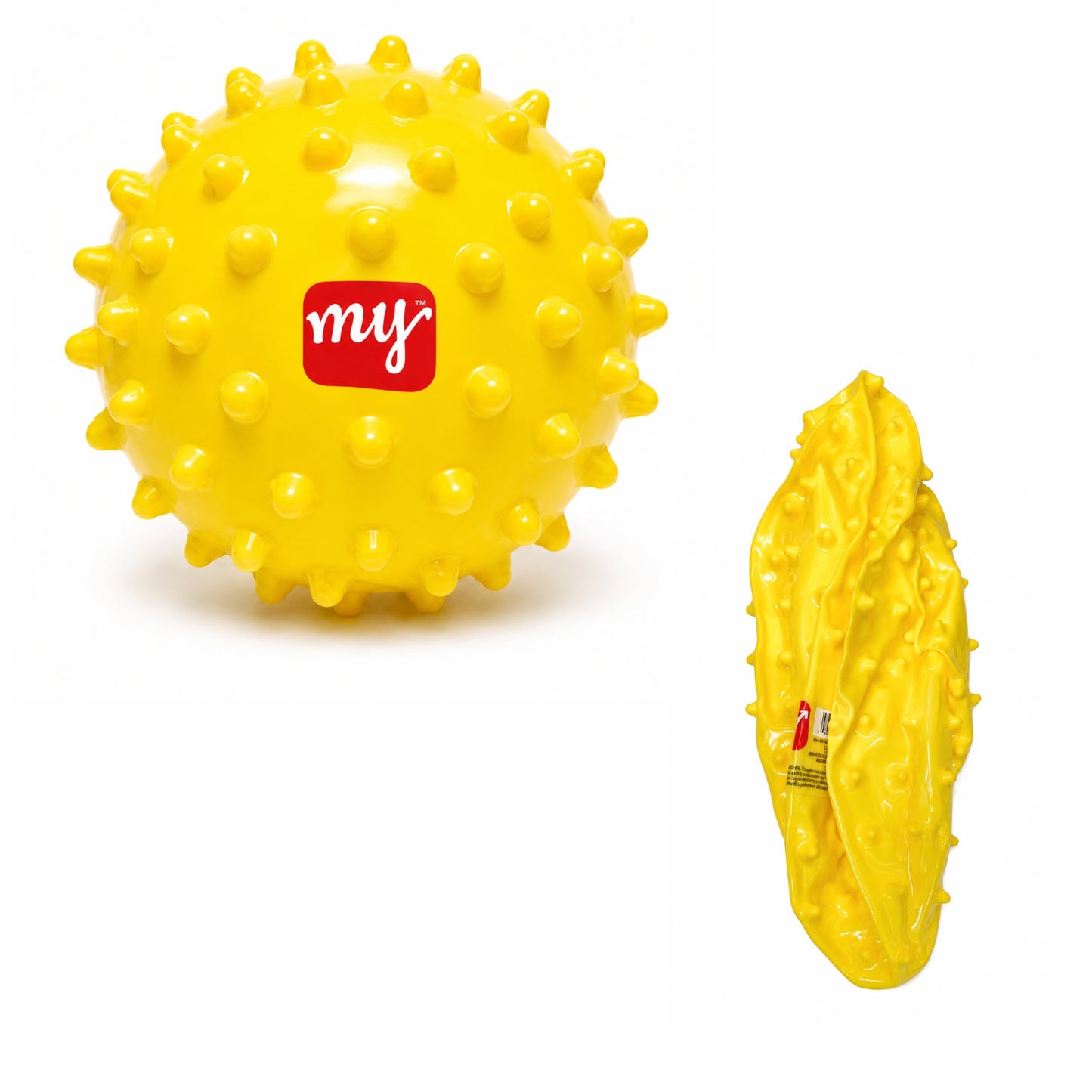 Yellow textured ball and dog toy with 'my' brand logo on a white background