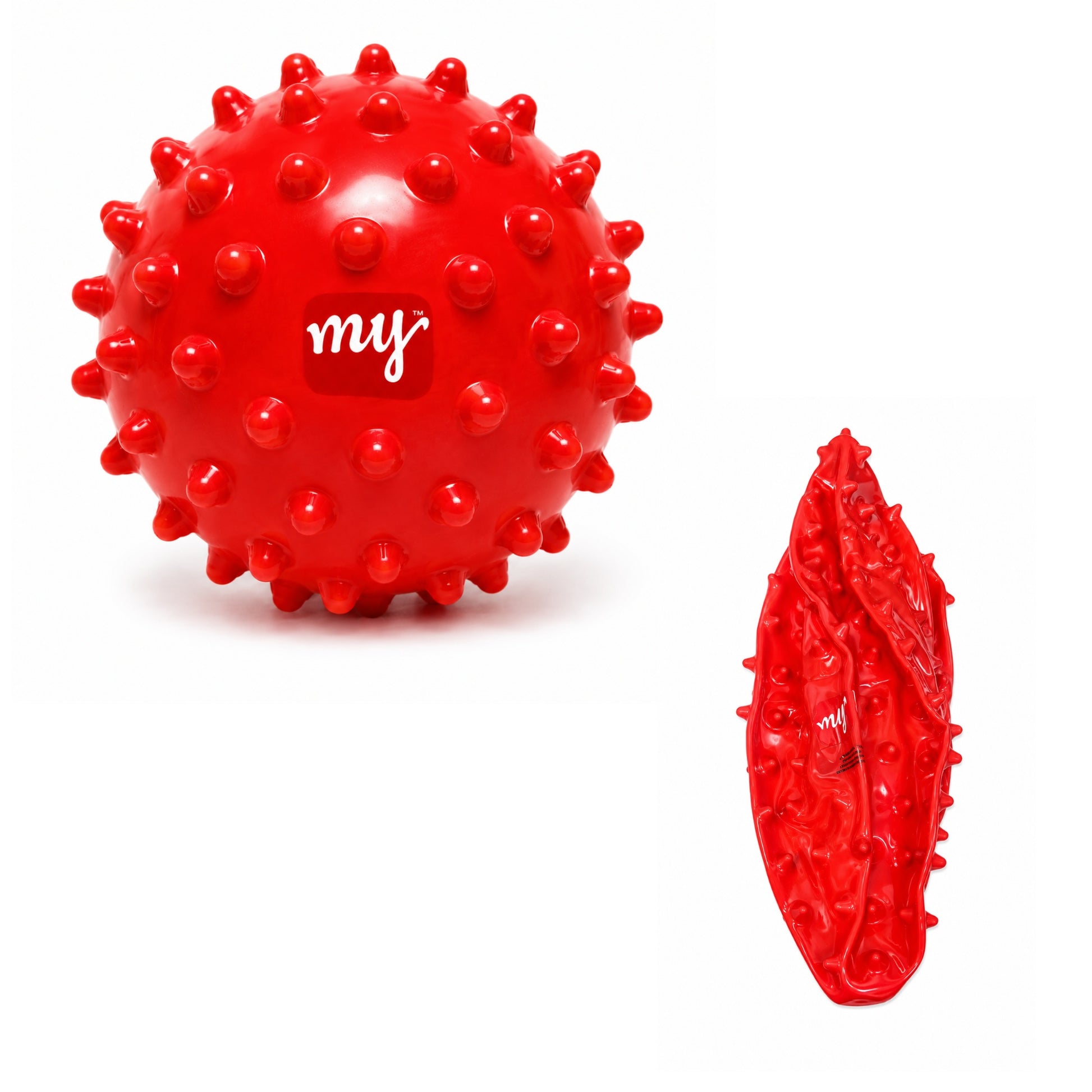 Red textured ball with 'my' logo on a white background