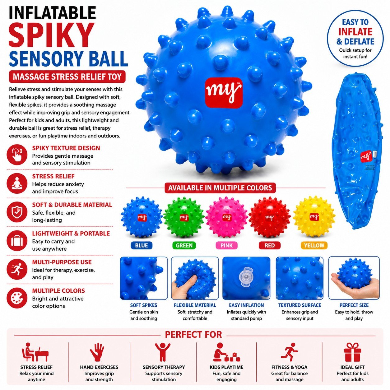 Blue inflatable spiky sensory ball with MJ logo and features listed on a white background