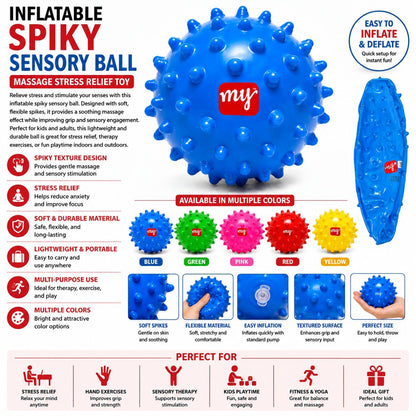 Blue inflatable spiky sensory ball with MJ logo and features listed on a white background