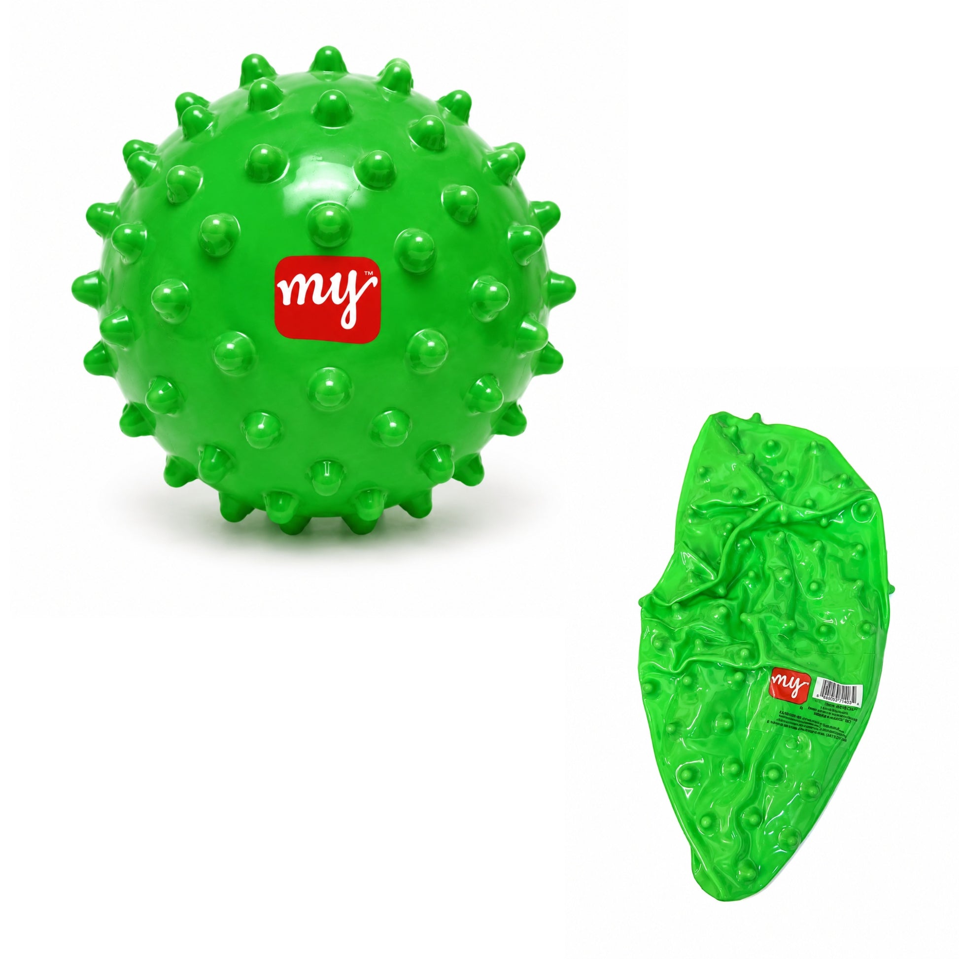 Green textured ball and leaf-shaped toy with 'my' brand logo on a white background