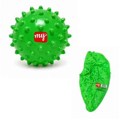 Green textured ball and leaf-shaped toy with 'my' brand logo on a white background