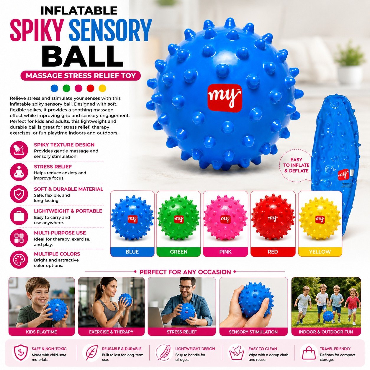 Blue inflatable spiky sensory ball with text detailing features and uses on a white background.