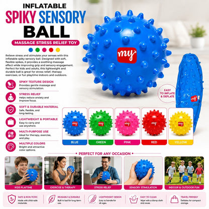 Blue inflatable spiky sensory ball with text detailing features and uses on a white background.