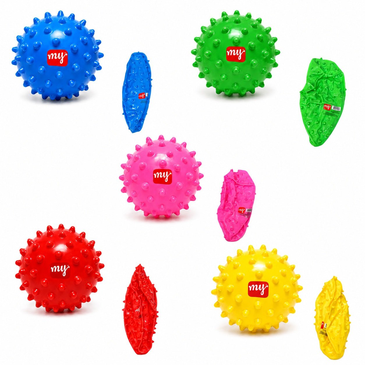 Colorful textured balls with 'my' label on a white background