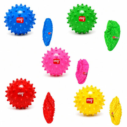 Colorful textured balls with 'my' label on a white background