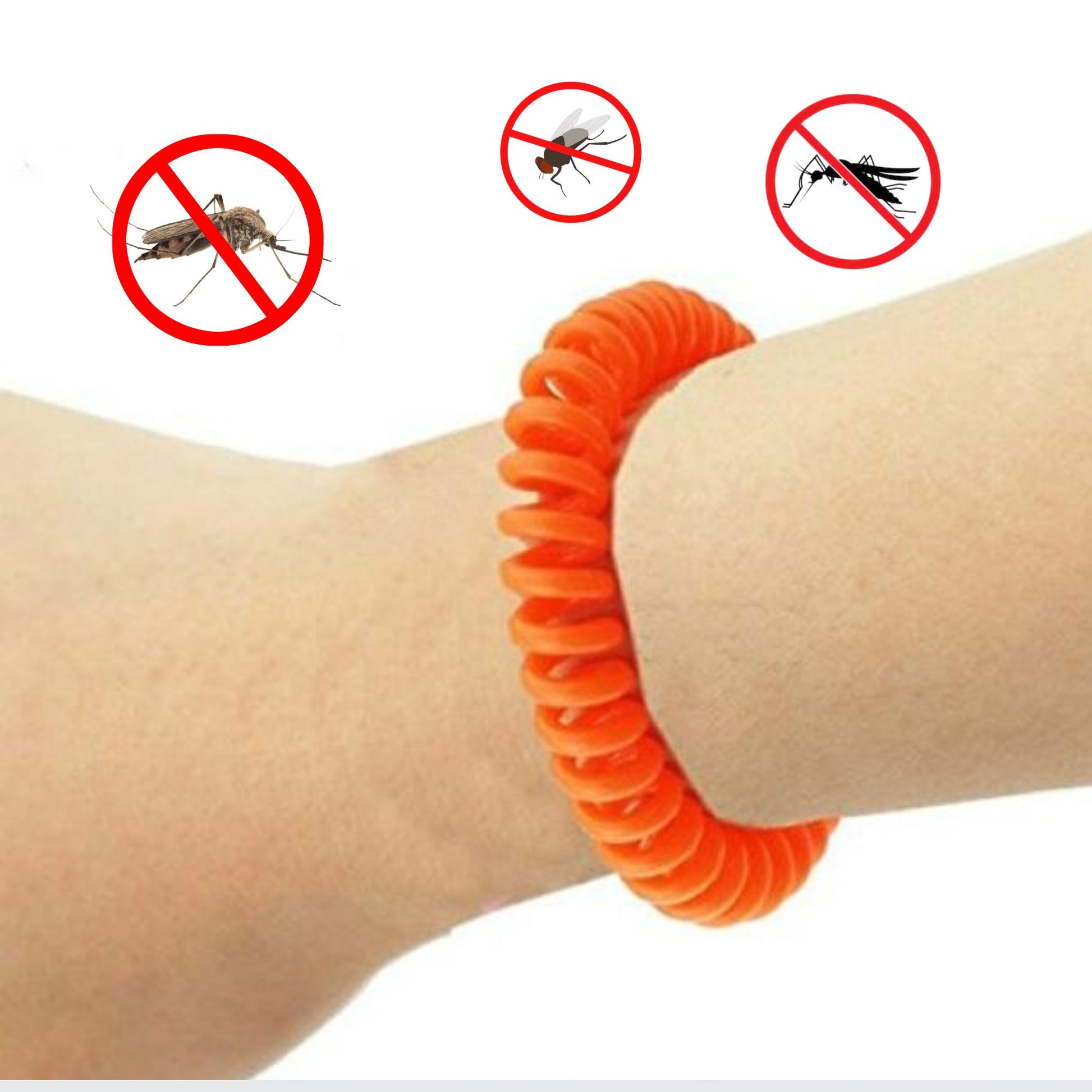 Orange coil bracelet on a wrist with mosquito prevention symbols.